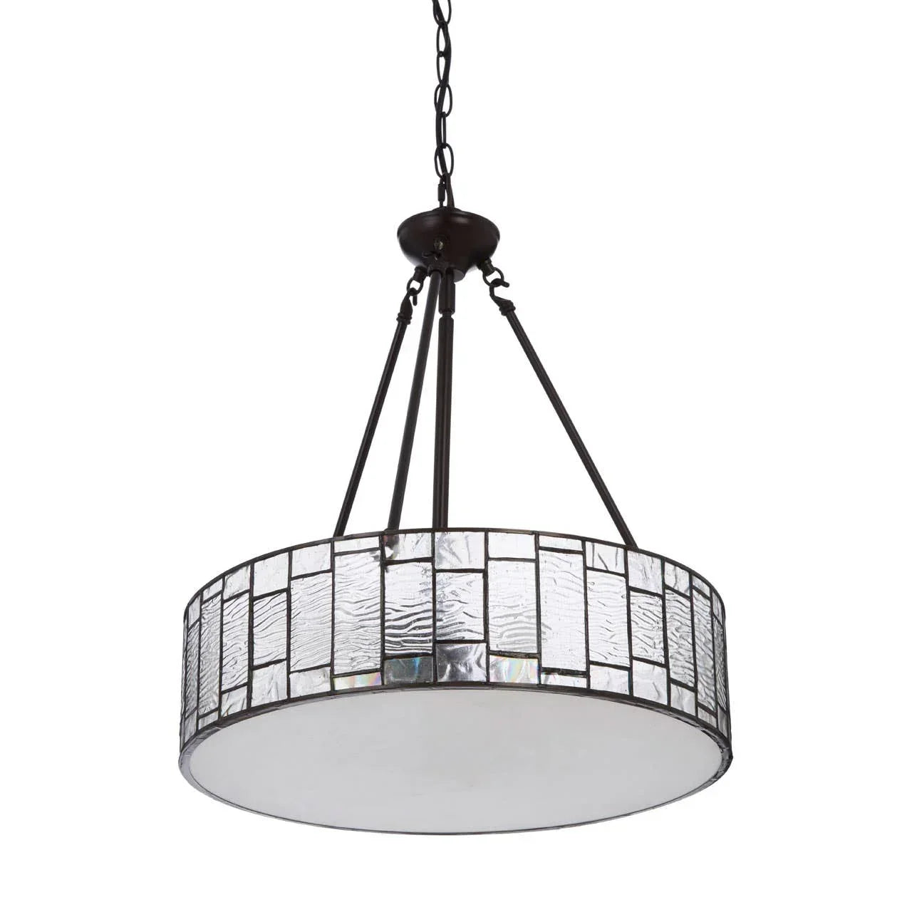 Round stained glass pendant ceiling light with black metal frame and frosted diffuser