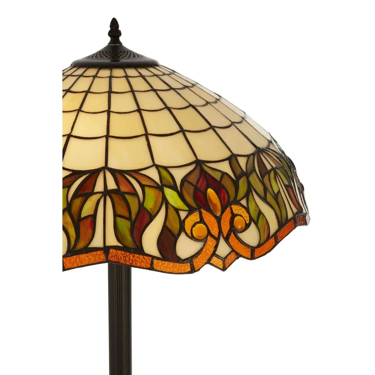 Tiffany style floor lamp with stained glass shade featuring geometric and leaf patterns