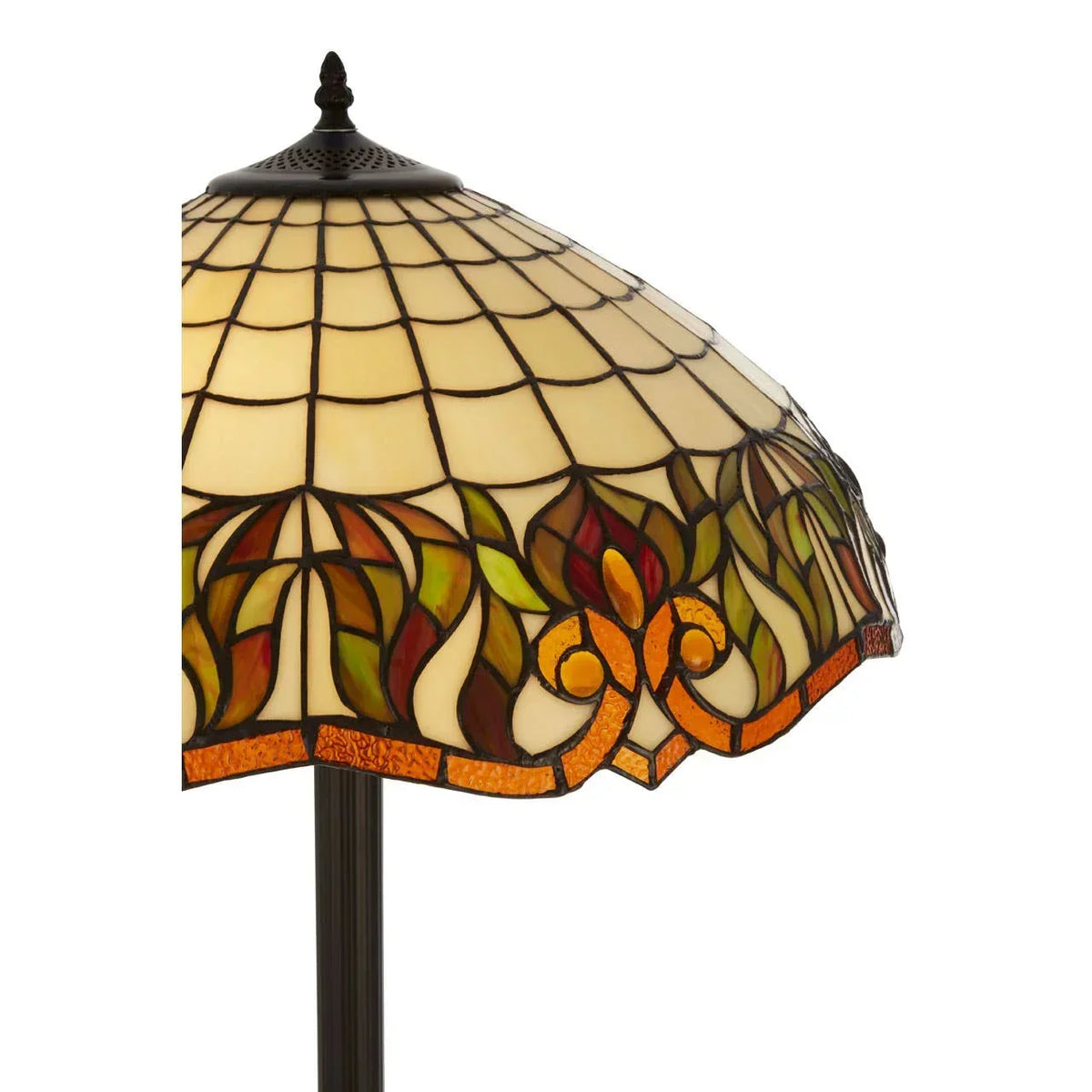 Tiffany style floor lamp with stained glass shade featuring geometric and leaf patterns