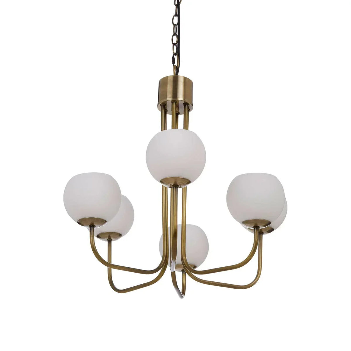 Brass chandelier with five curved arms and white glass globes, suspended by chain