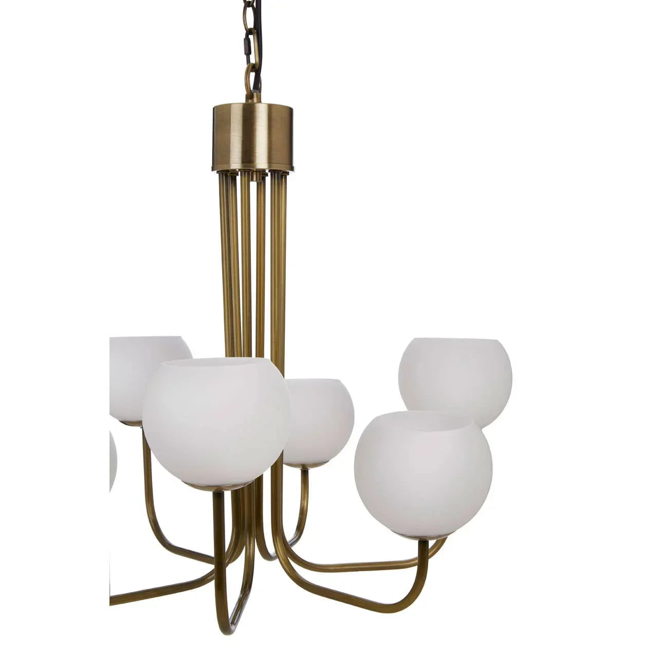 Brass chandelier with six white glass globes and curved arms, suspended by chain