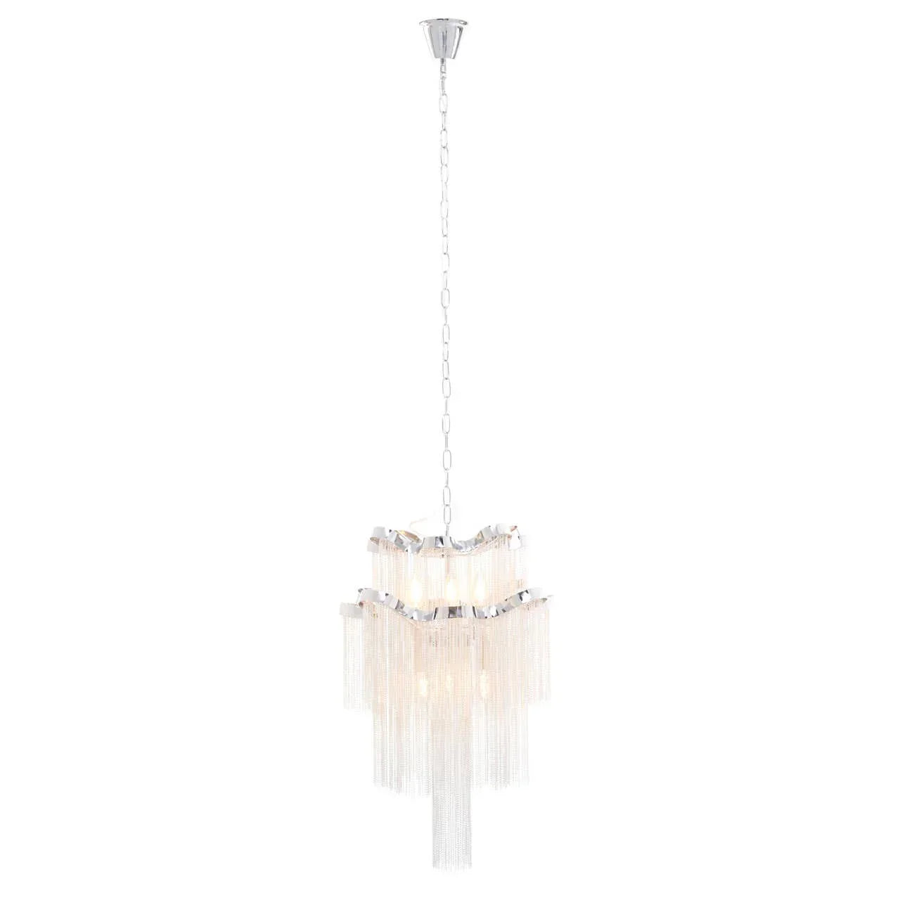 Chrome chandelier with layered hanging chain detail and warm LED light