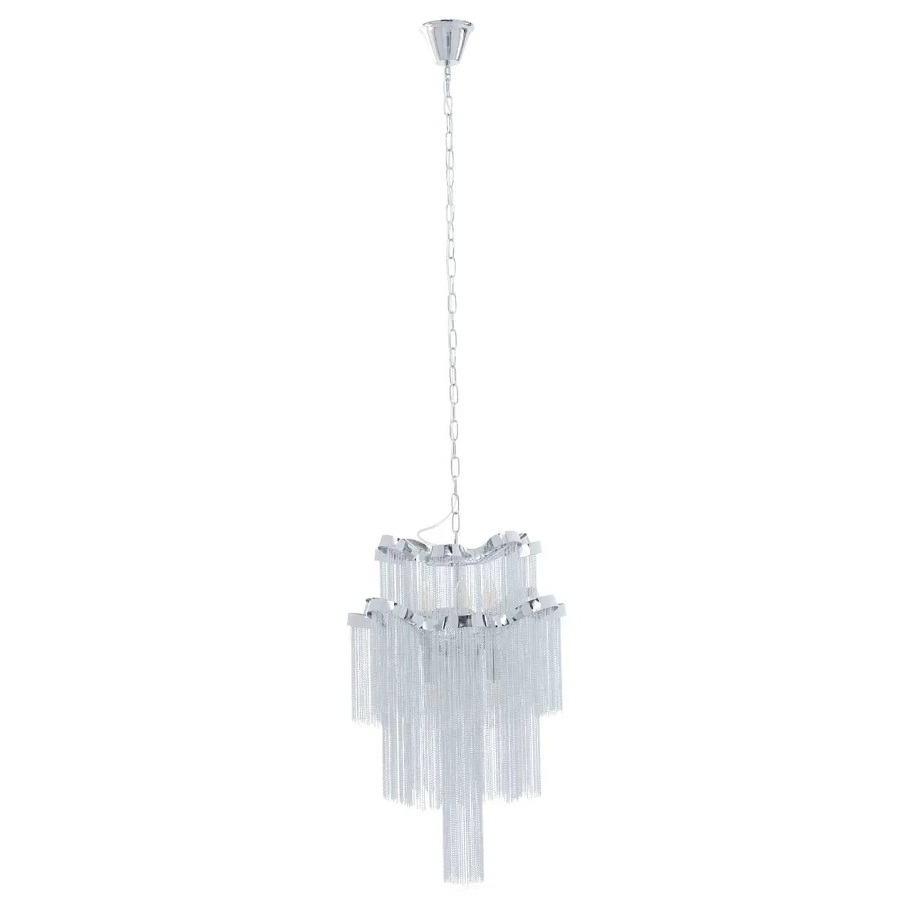 Modern chrome chandelier with layered metal chains and hanging pendant design
