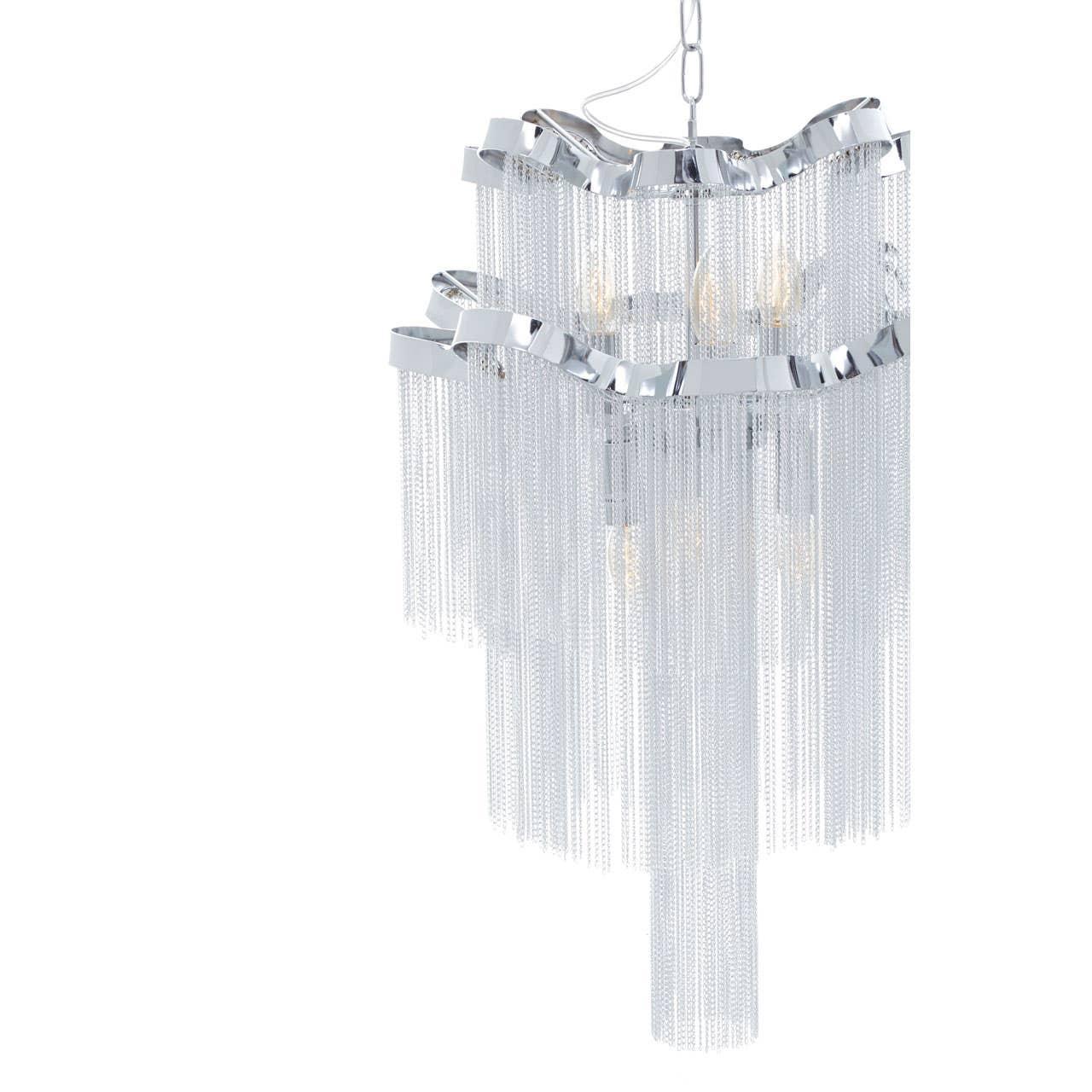 Chrome chandelier with layered metal chain fringe and wavy frame design