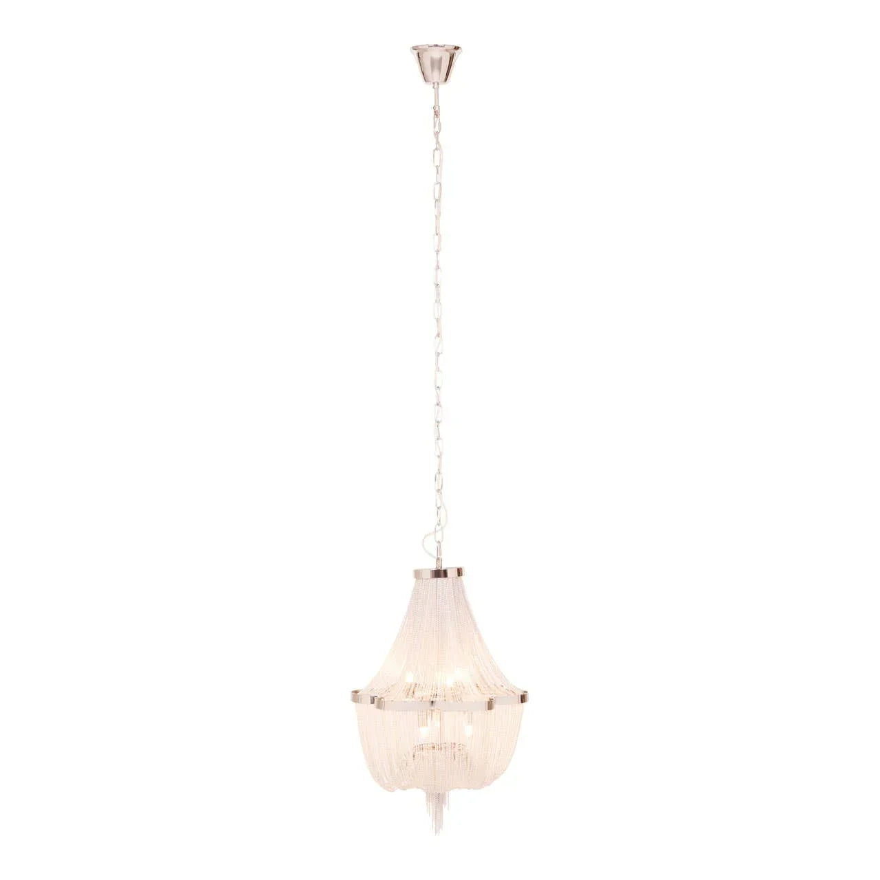 Modern hanging chandelier with silver frame and cascading glass bead strands