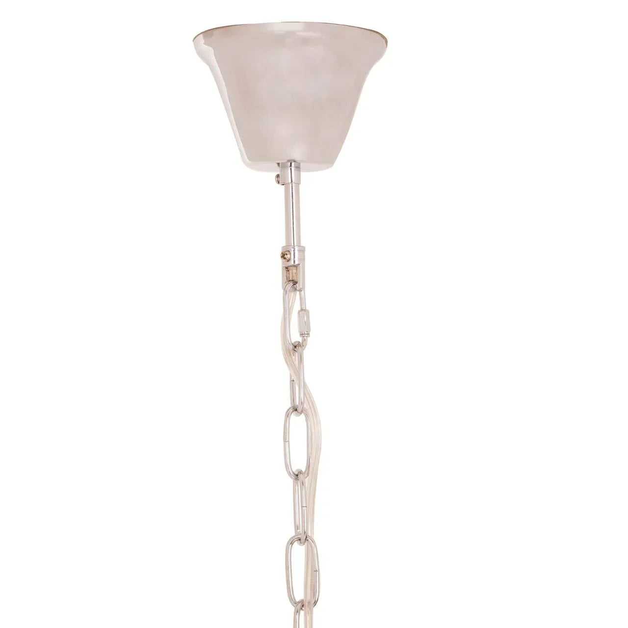 Ceiling light fixture with polished chrome chain and canopy, close-up view