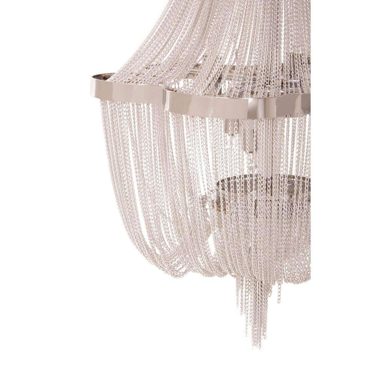Silver chain chandelier with layered metal frame and cascading strands, close-up view