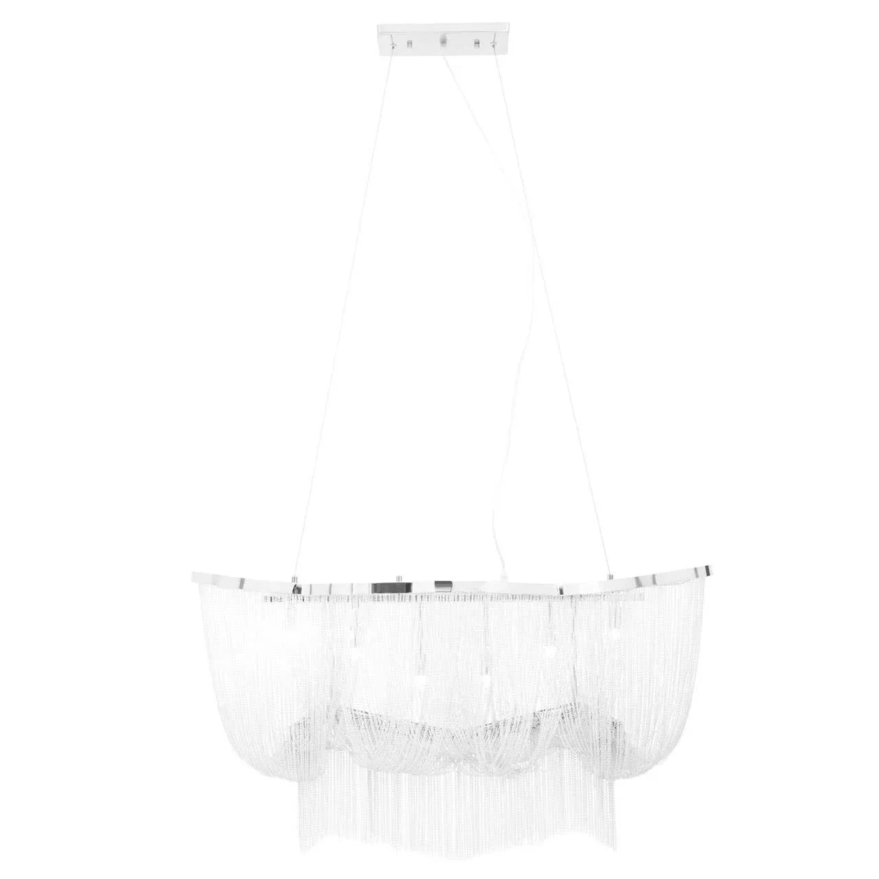 Modern silver chandelier with cascading chain strands and rectangular ceiling mount