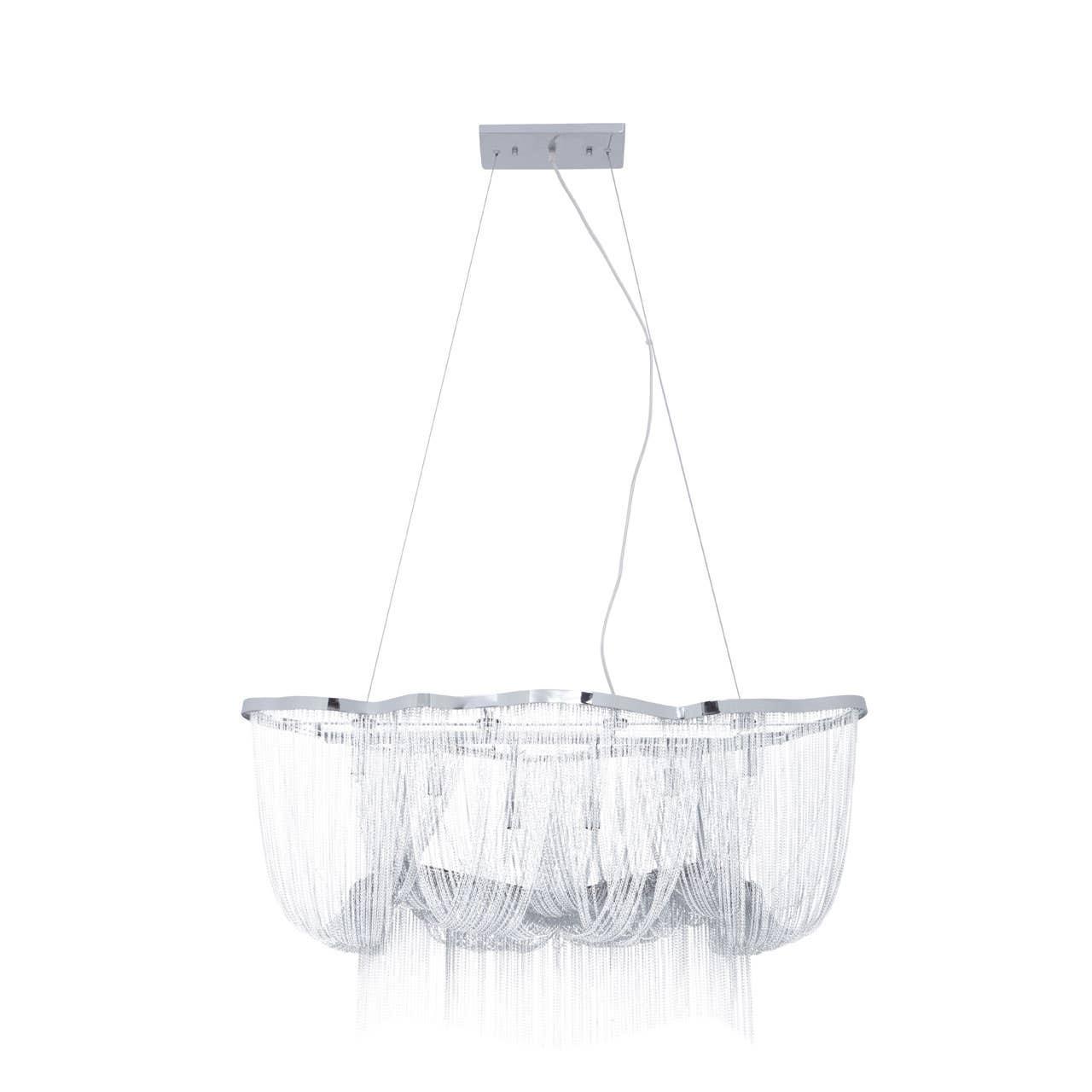 Modern chrome chandelier with layered silver chains and wave design, ceiling mounted