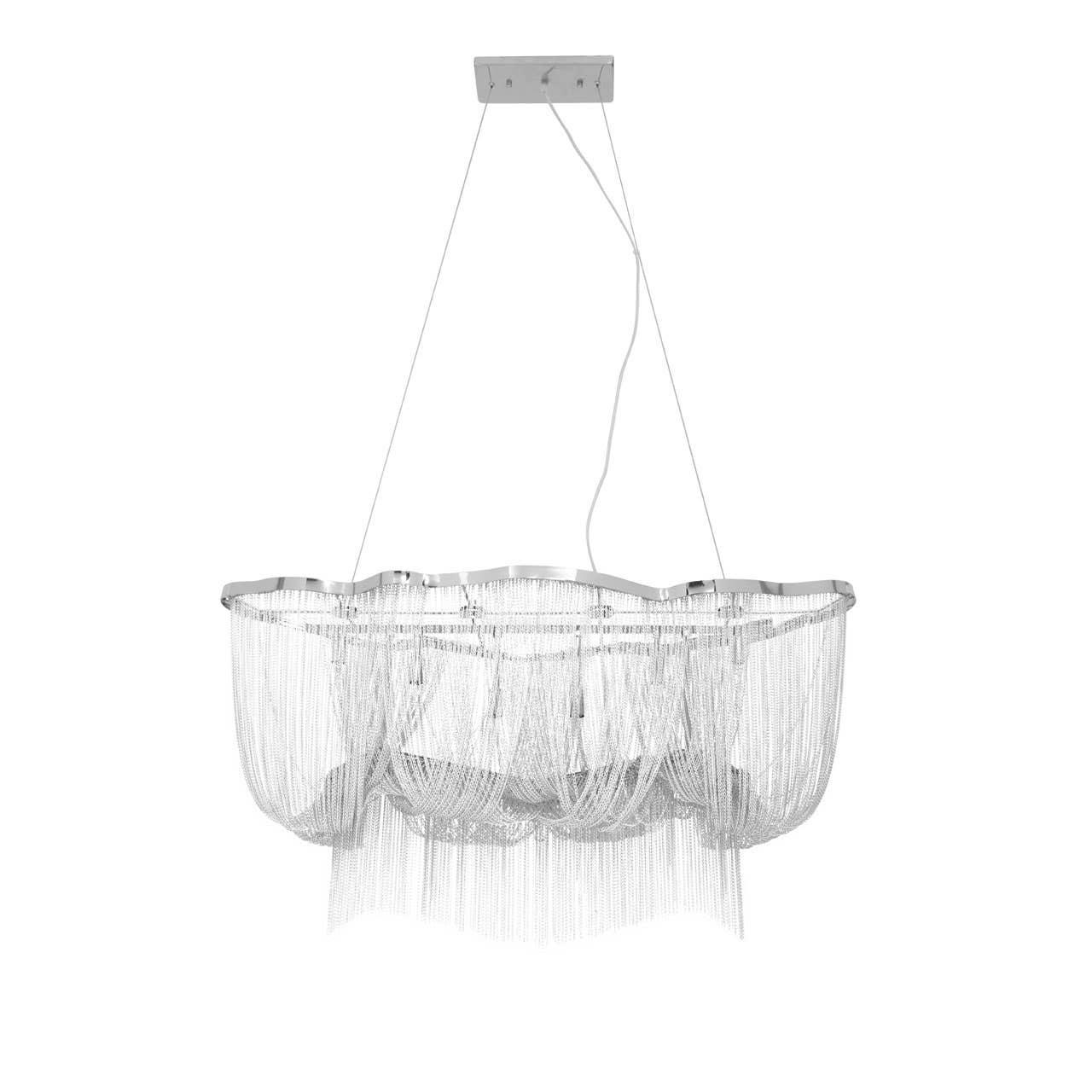 Modern silver pendant light with cascading chain design and rectangular ceiling mount