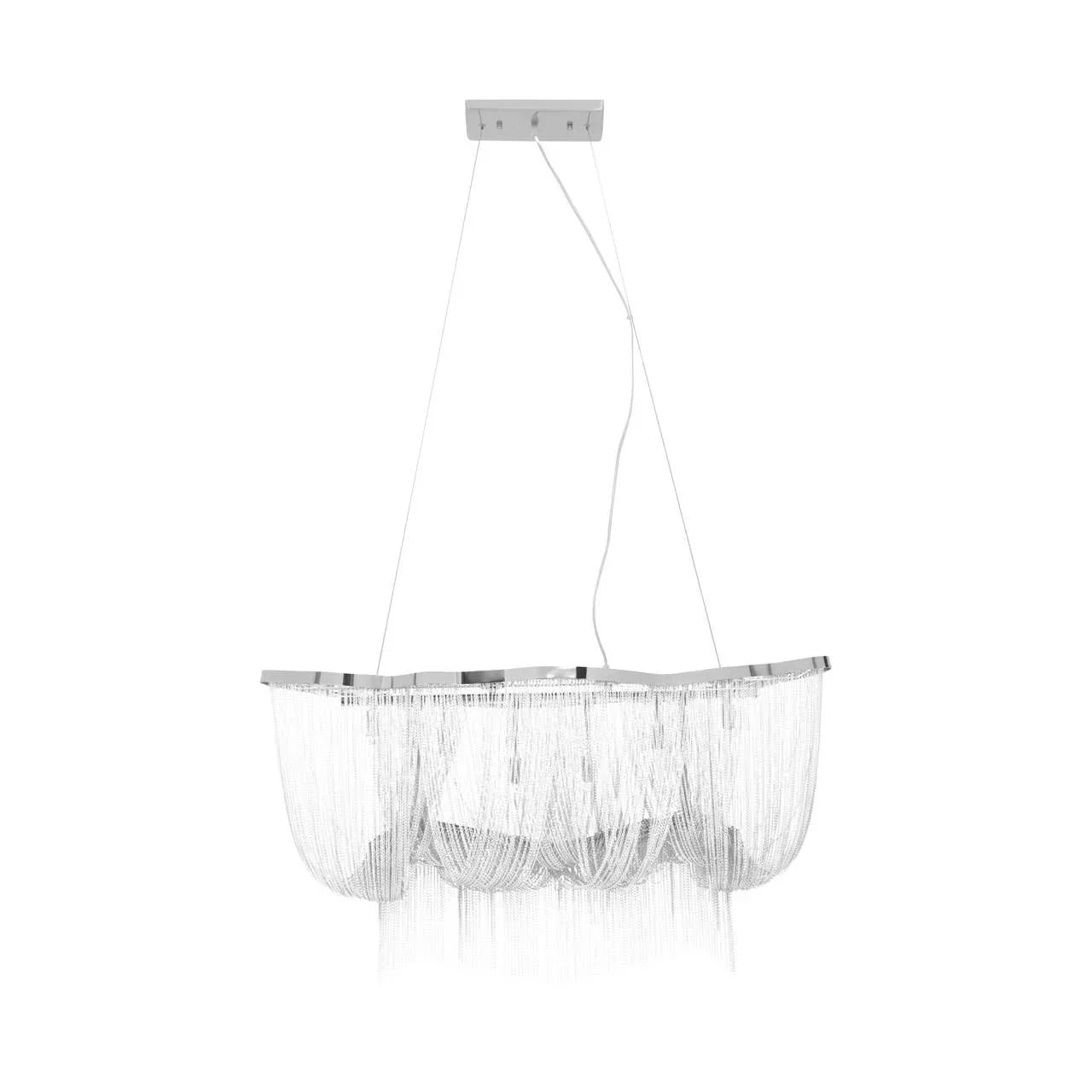 Modern chrome chandelier with cascading metal chain strands and rectangular ceiling mount