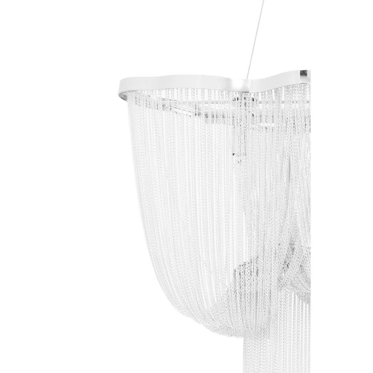 Contemporary silver chain chandelier with flowing metal strands and polished chrome trim