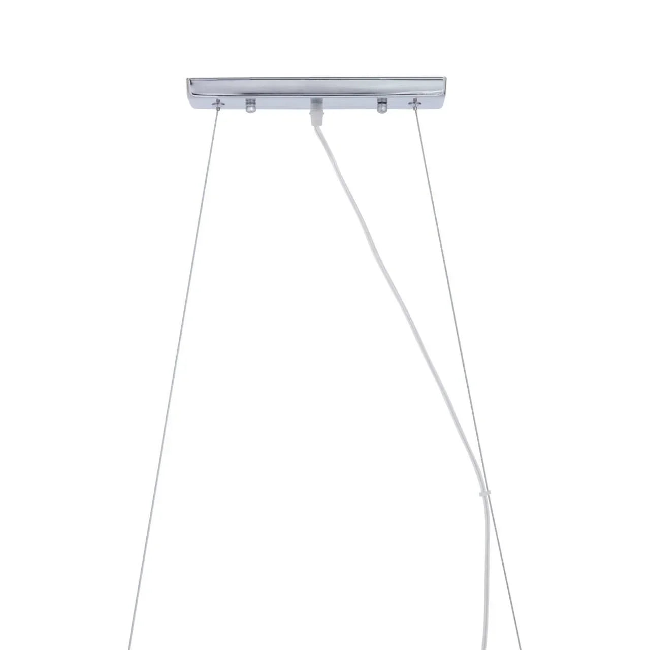 Rectangular chrome ceiling light fixture canopy with suspension wires and white power cable