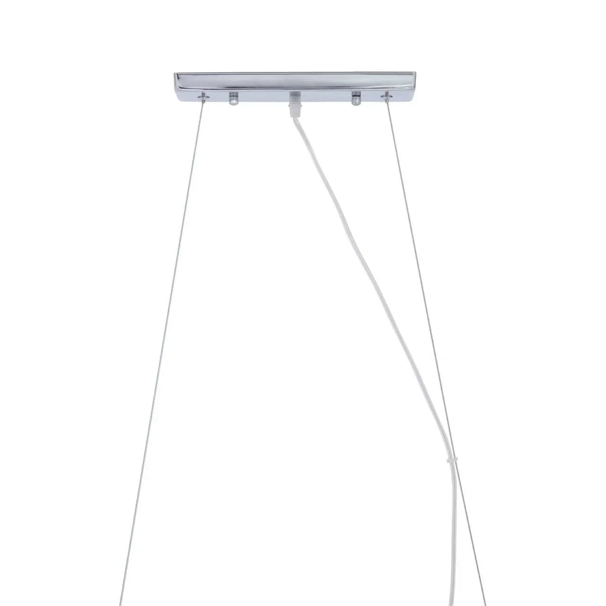 Rectangular chrome ceiling light fixture canopy with suspension wires and white power cable