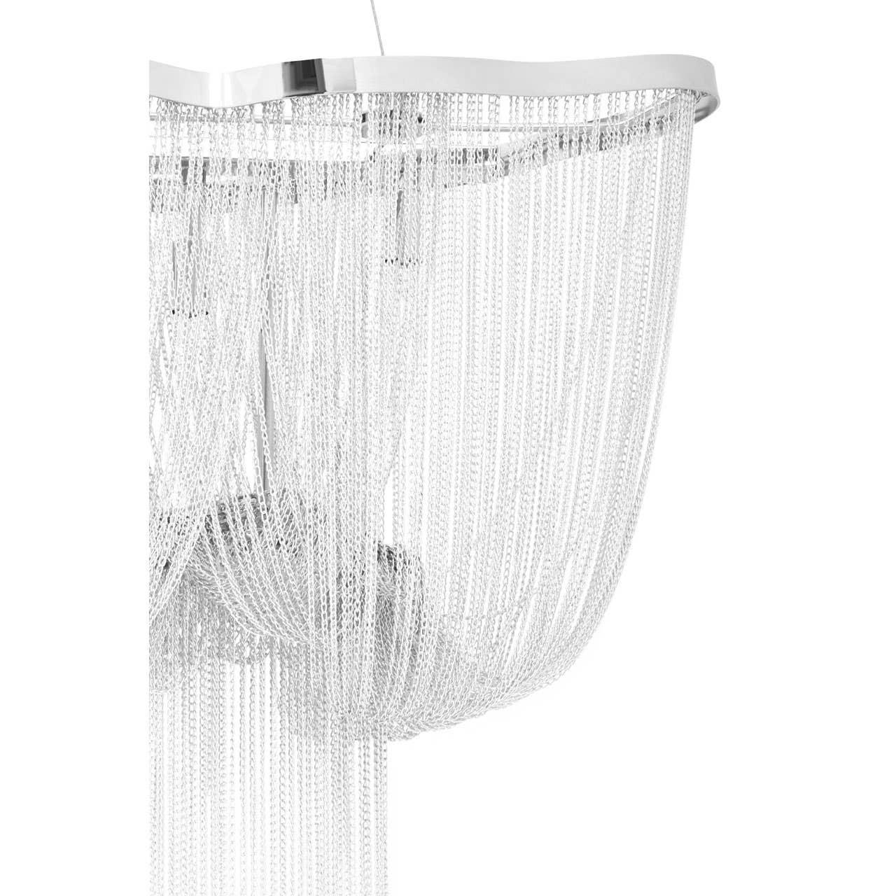 Modern chandelier with cascading silver metal chains and chrome frame close-up