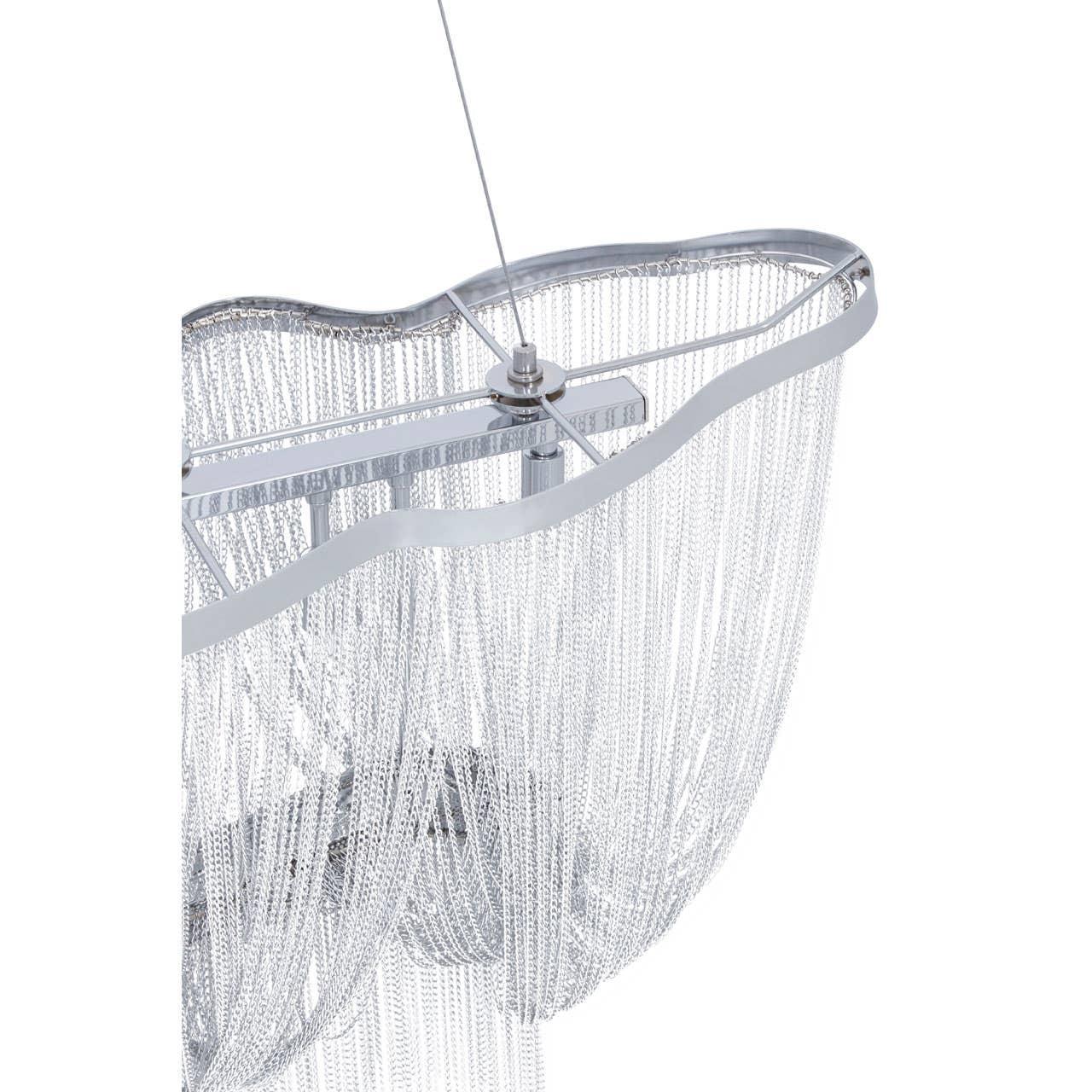 Modern silver chandelier with cascading metal chain design and chrome frame, close-up view
