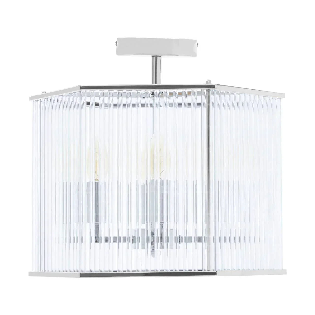 Ceiling light fixture with clear ribbed glass panels and chrome frame in square design