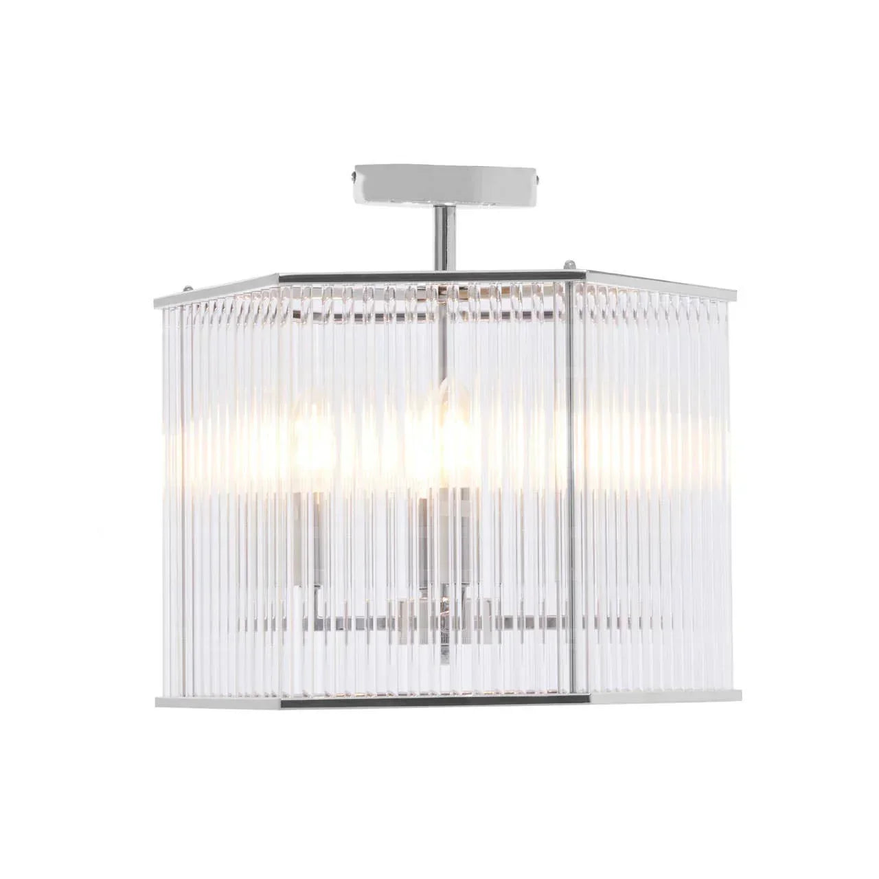 chrome ceiling light with rectangular glass shade and two visible bulbs