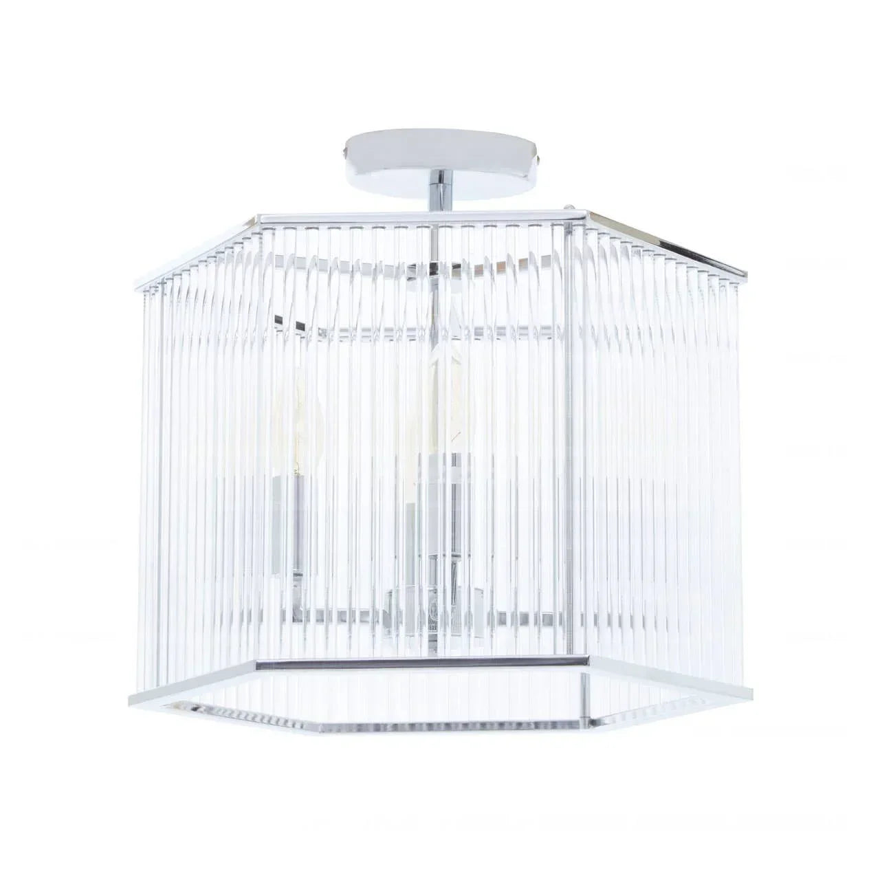 Modern ceiling light with clear glass panels and chrome frame, square flush mount design