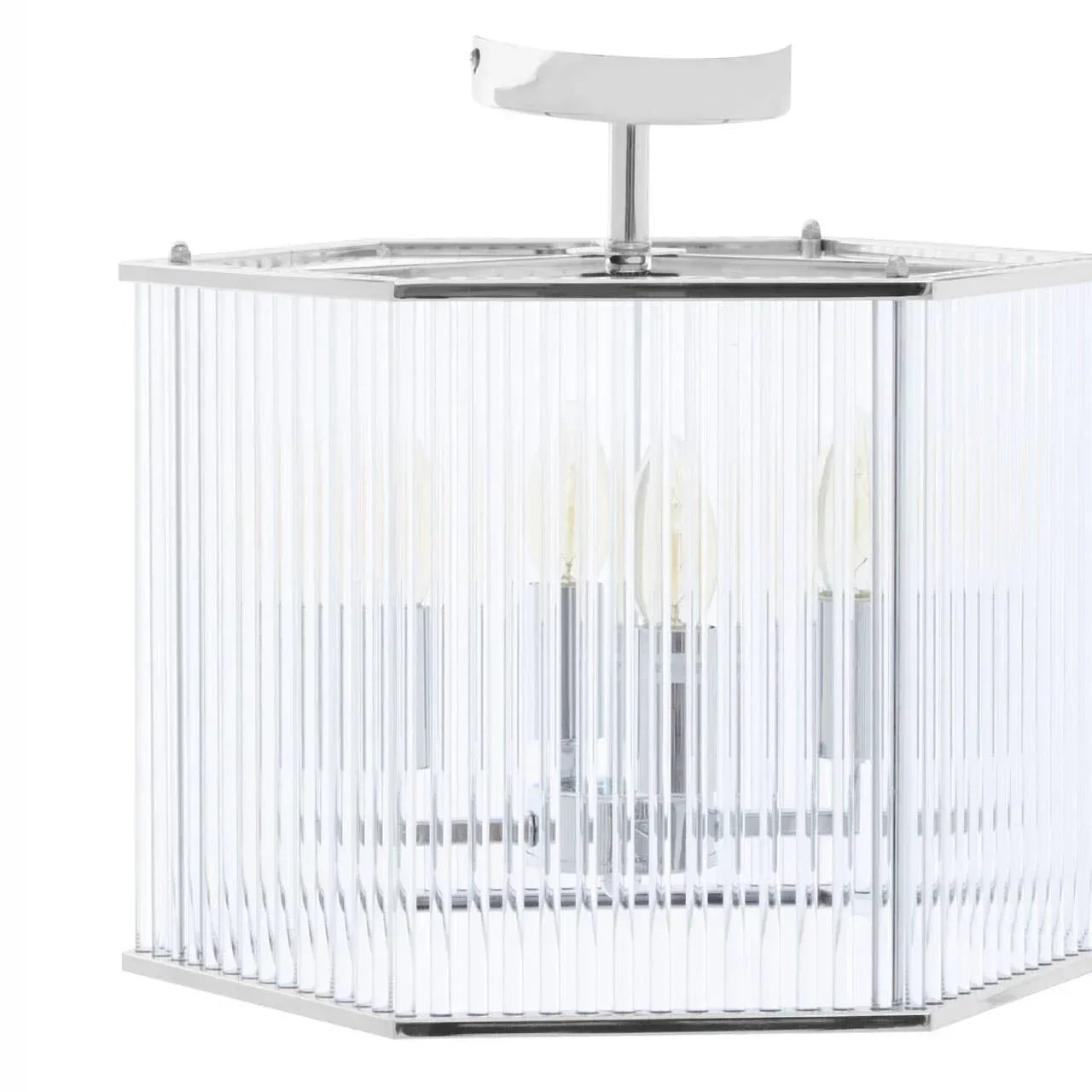 Modern ceiling light with chrome frame and glass rods, visible bulbs inside the fixture