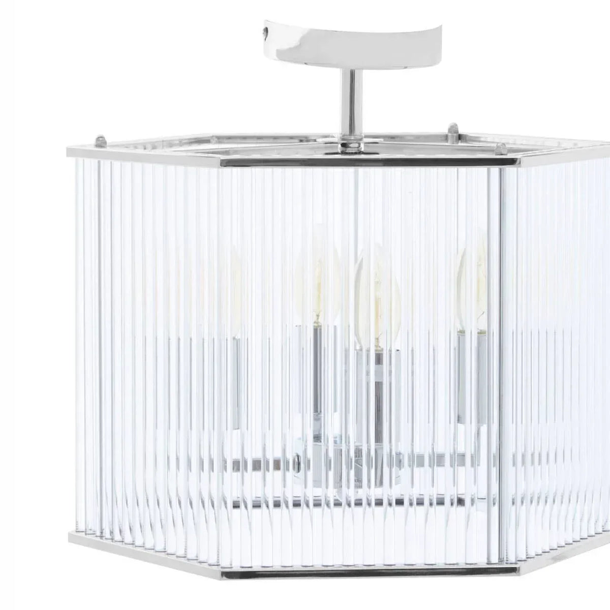 Modern ceiling light with chrome frame and glass rods, visible bulbs inside the fixture