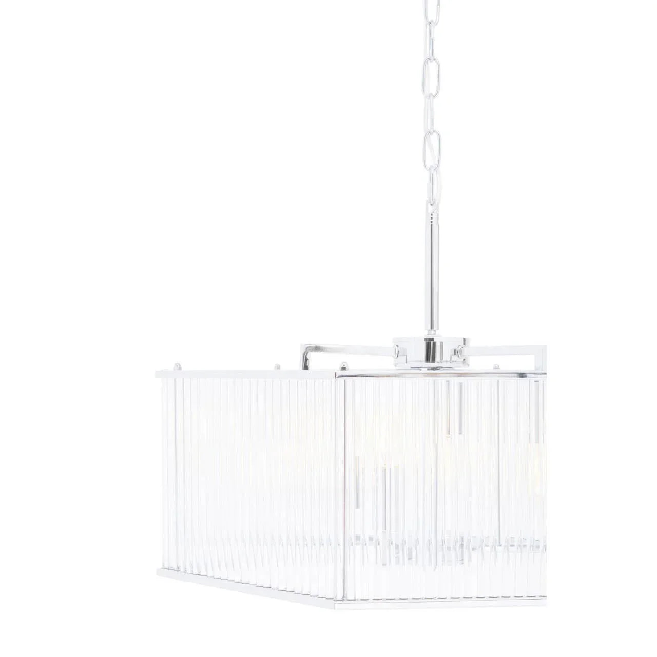 Rectangular glass pendant light with chrome finish and vertical ribbed panels