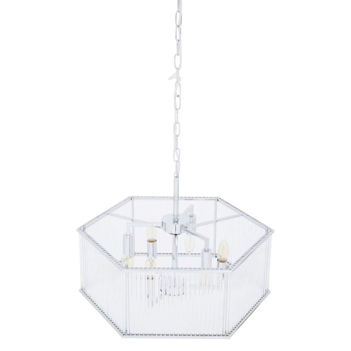 Hexagonal chrome pendant light with clear glass panels and exposed bulbs
