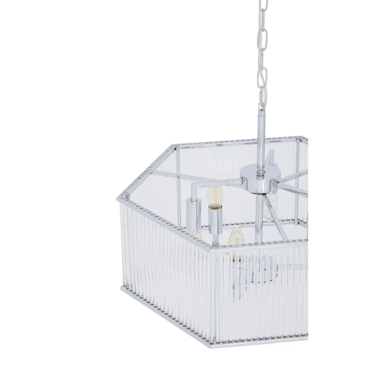 Chrome hexagonal ceiling light with ribbed glass panels and exposed bulbs