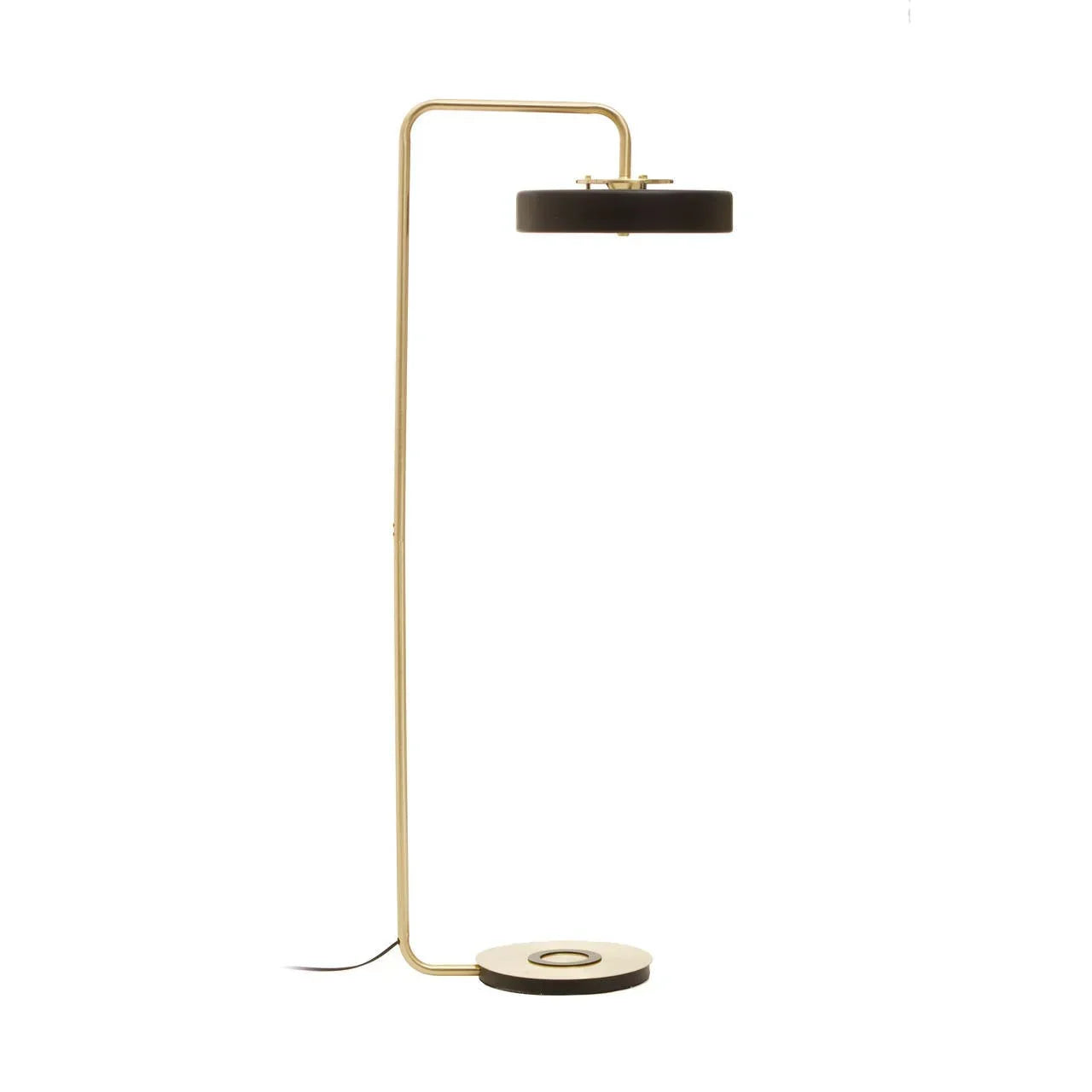Modern gold floor lamp with round black lampshade and circular base on white background
