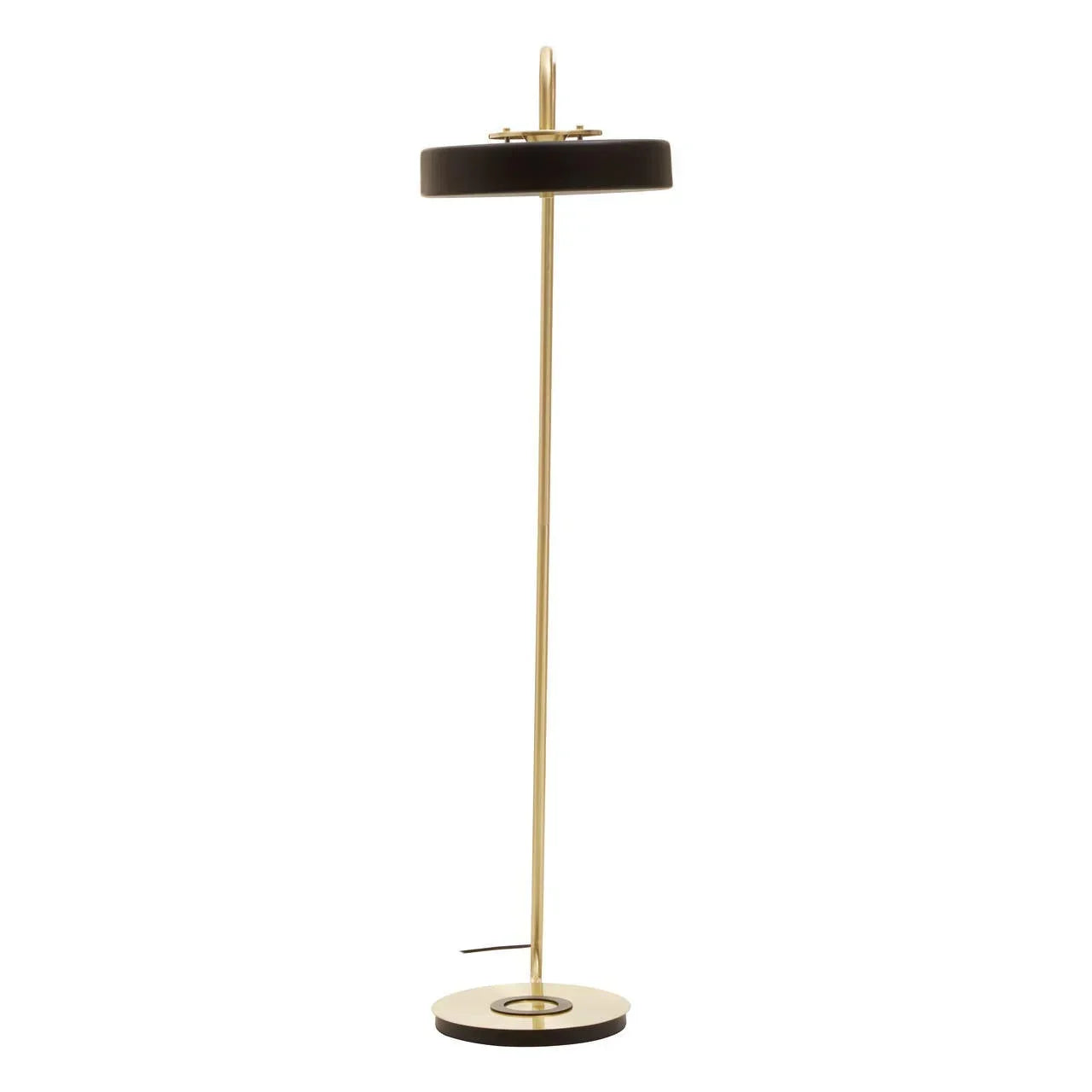Gold floor lamp with round black shade and slim pole on circular base
