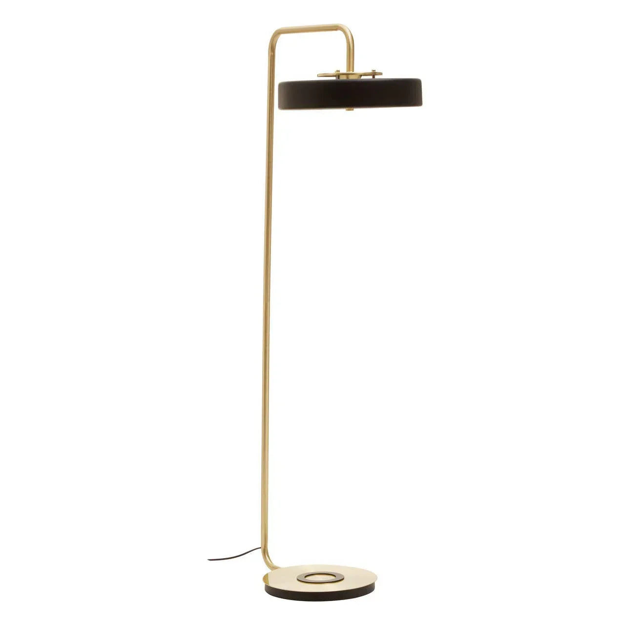 Modern floor lamp with gold stand and round black shade on white background