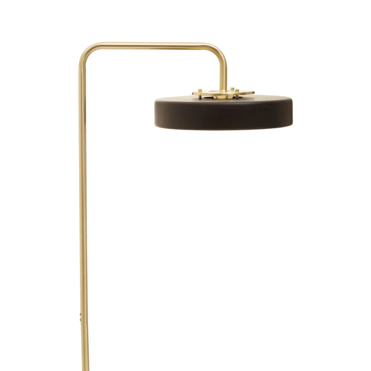 Modern brass floor lamp with round black shade and angular stem