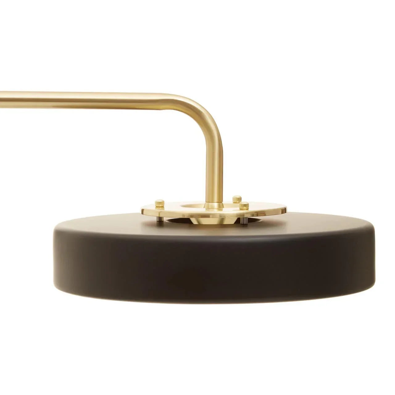 Matte black and gold metal pendant light with round shade and brass arm detail