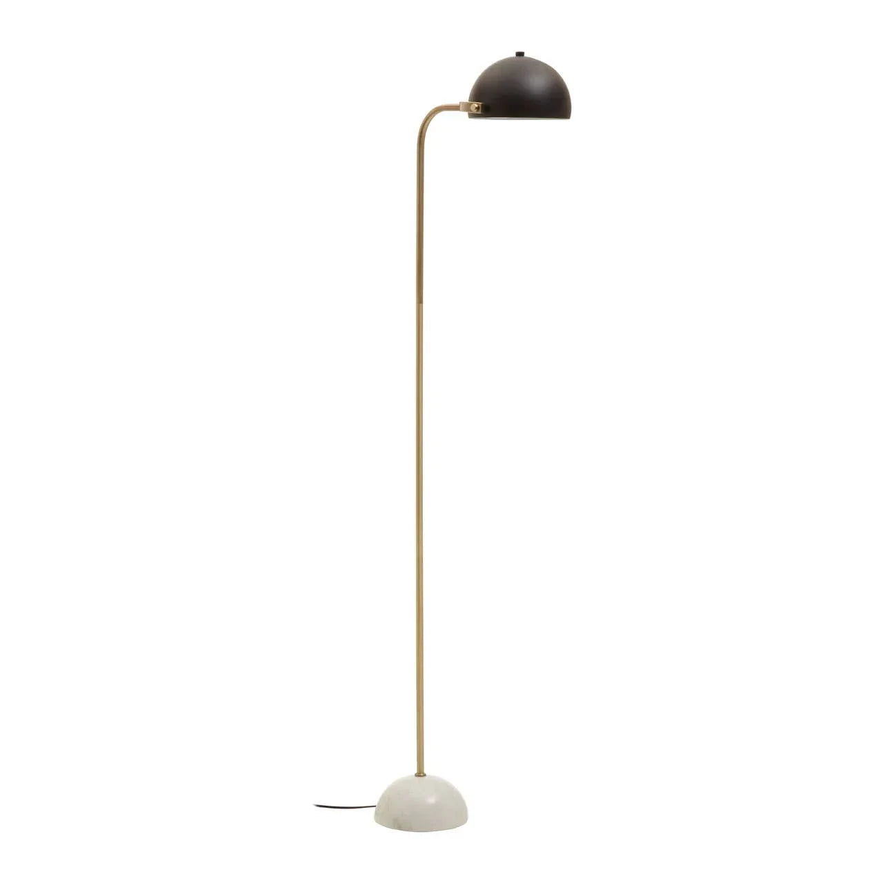 Modern floor lamp with brass stand, black dome shade and white marble base