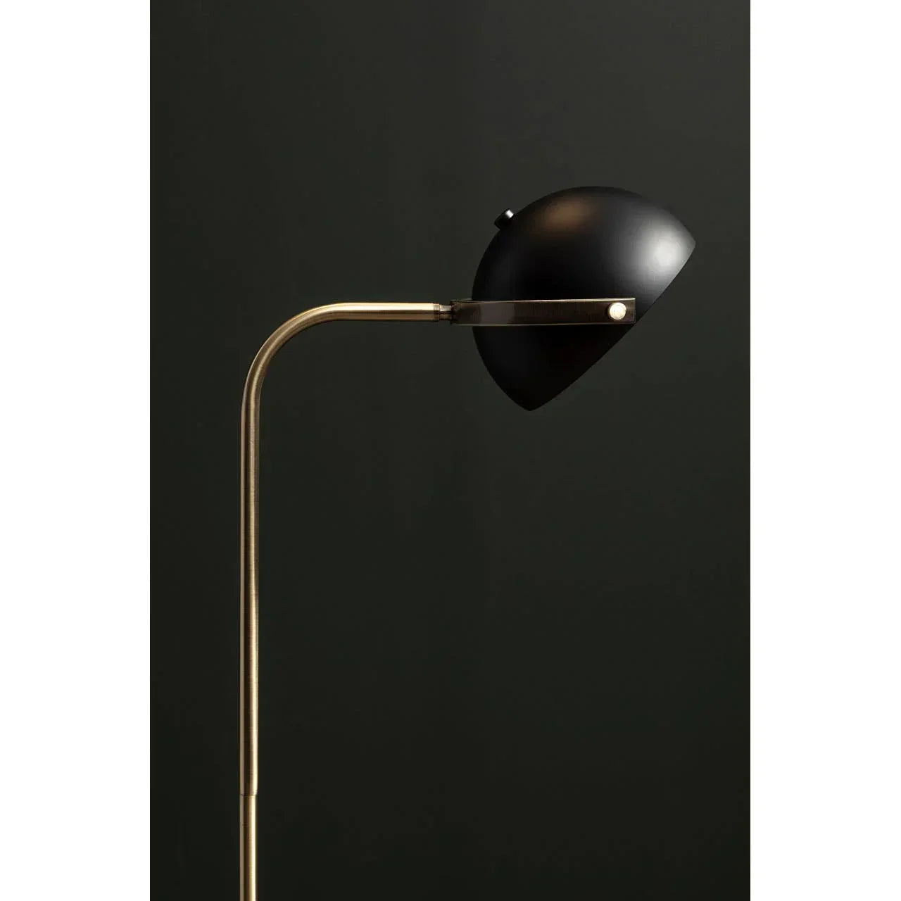 Matte black floor lamp with brass stem and adjustable dome shade, side view