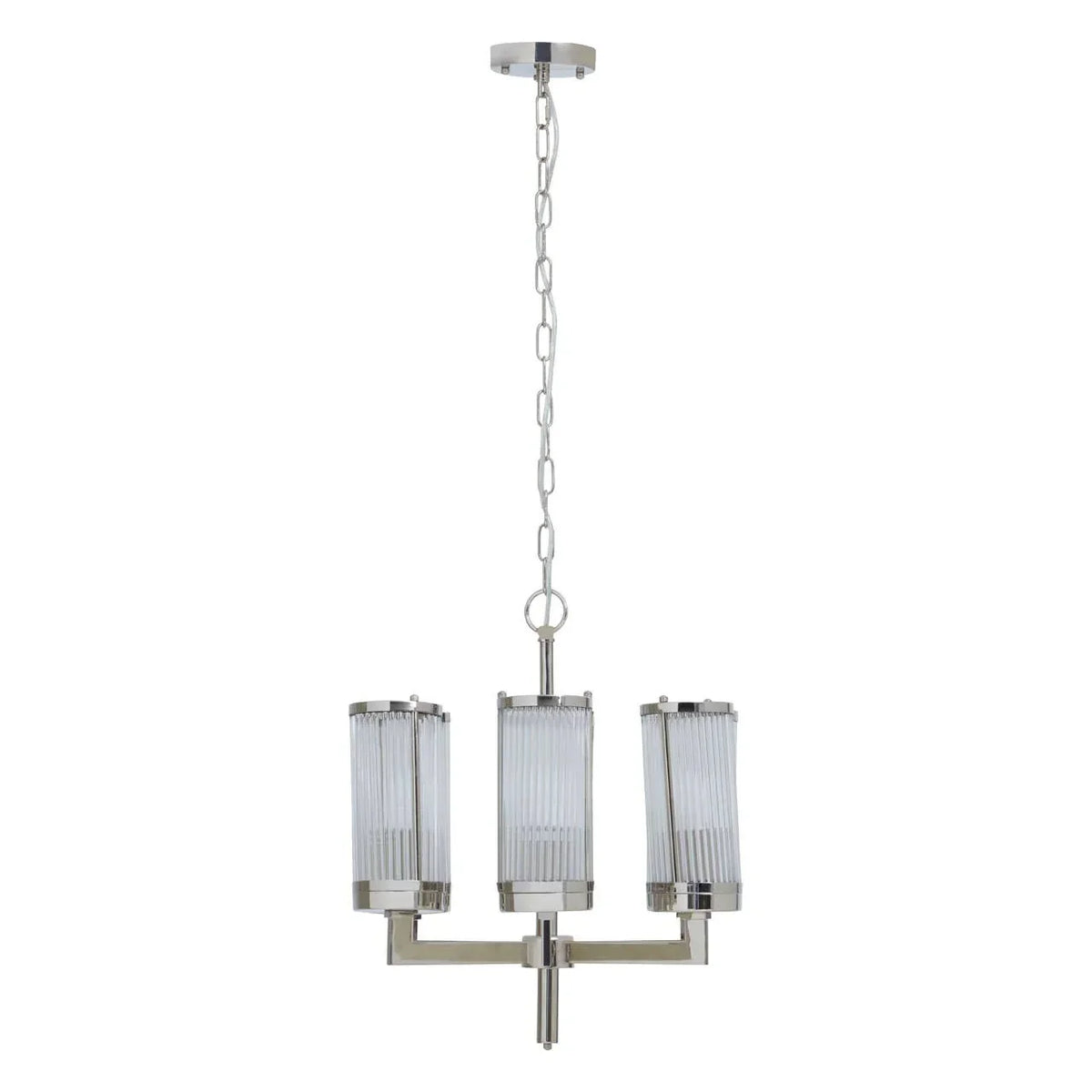 Chrome finish ceiling light with three ribbed glass shades on chain suspension