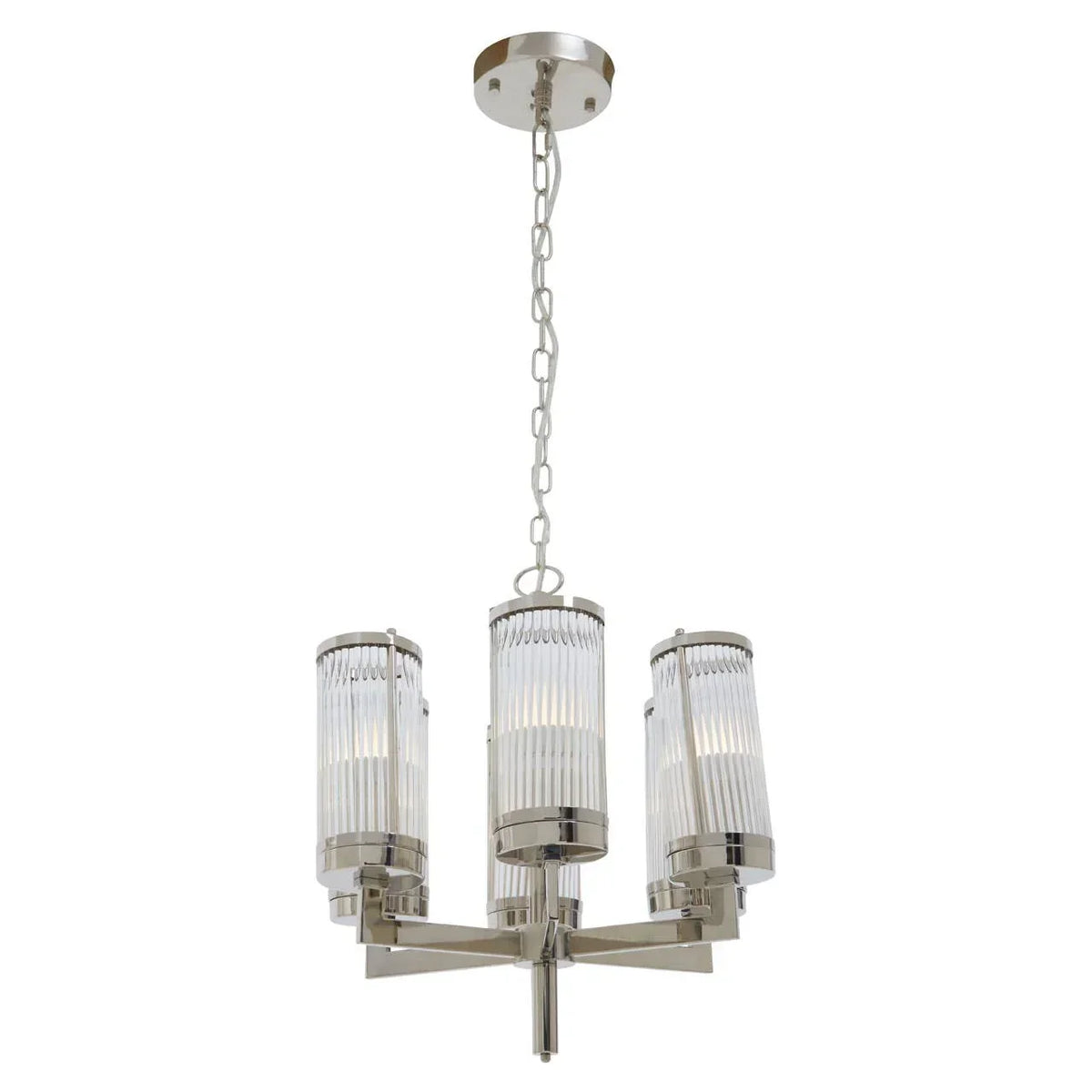 Chrome and glass ceiling pendant light with three cylindrical shades
