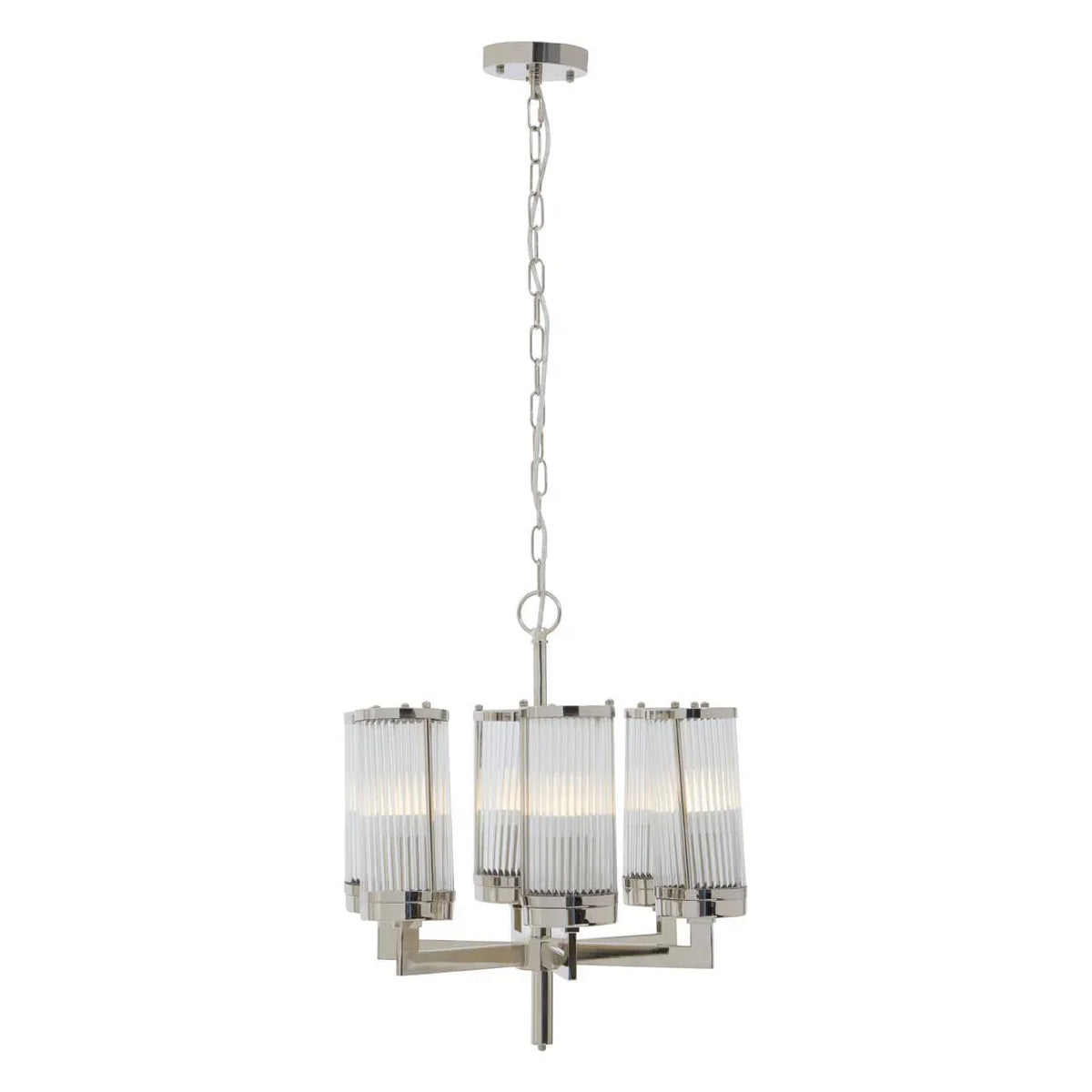 chrome and glass chandelier with four cylindrical shades hanging from ceiling chain