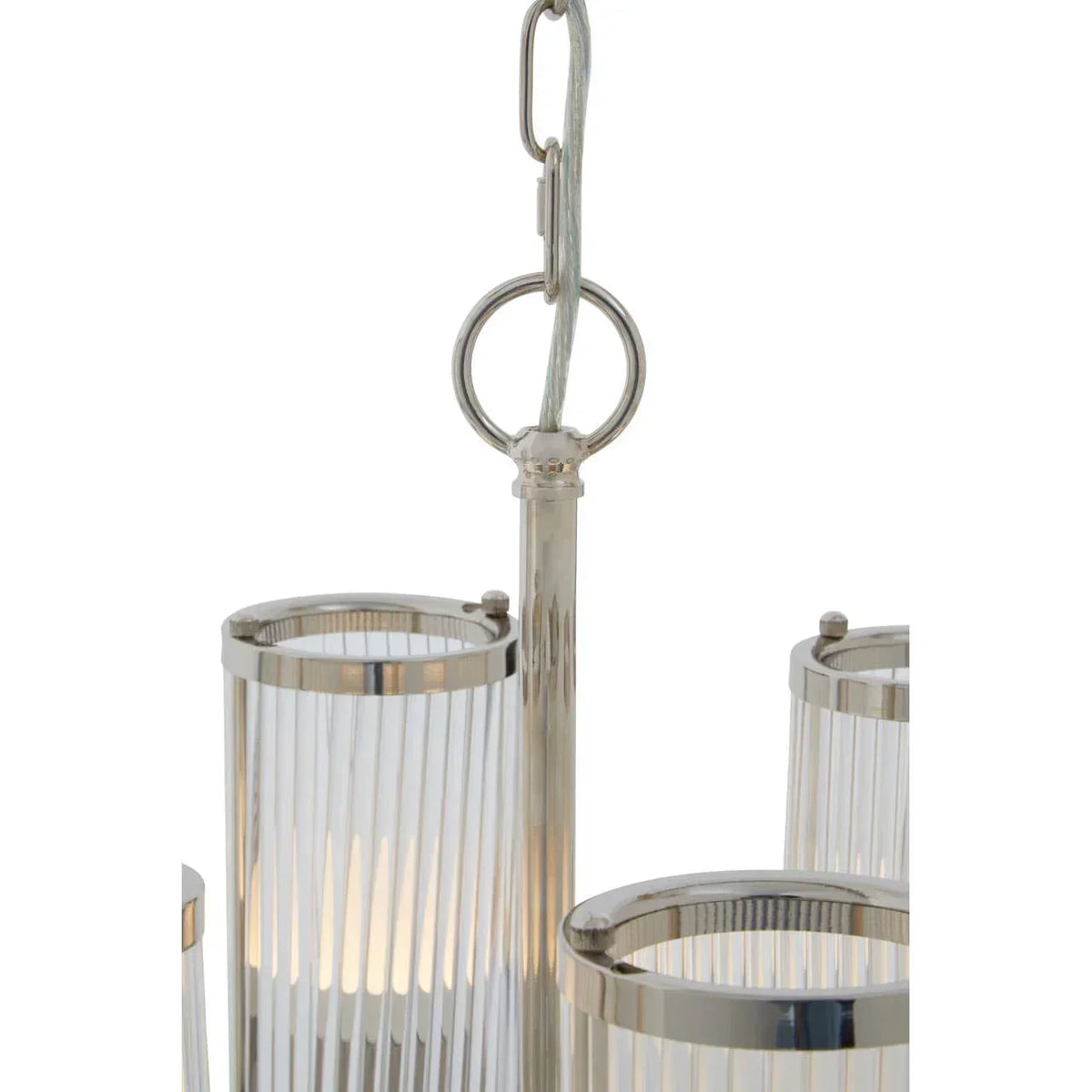 Chrome and glass pendant light fixture with vertical ribbed glass shades, close up view