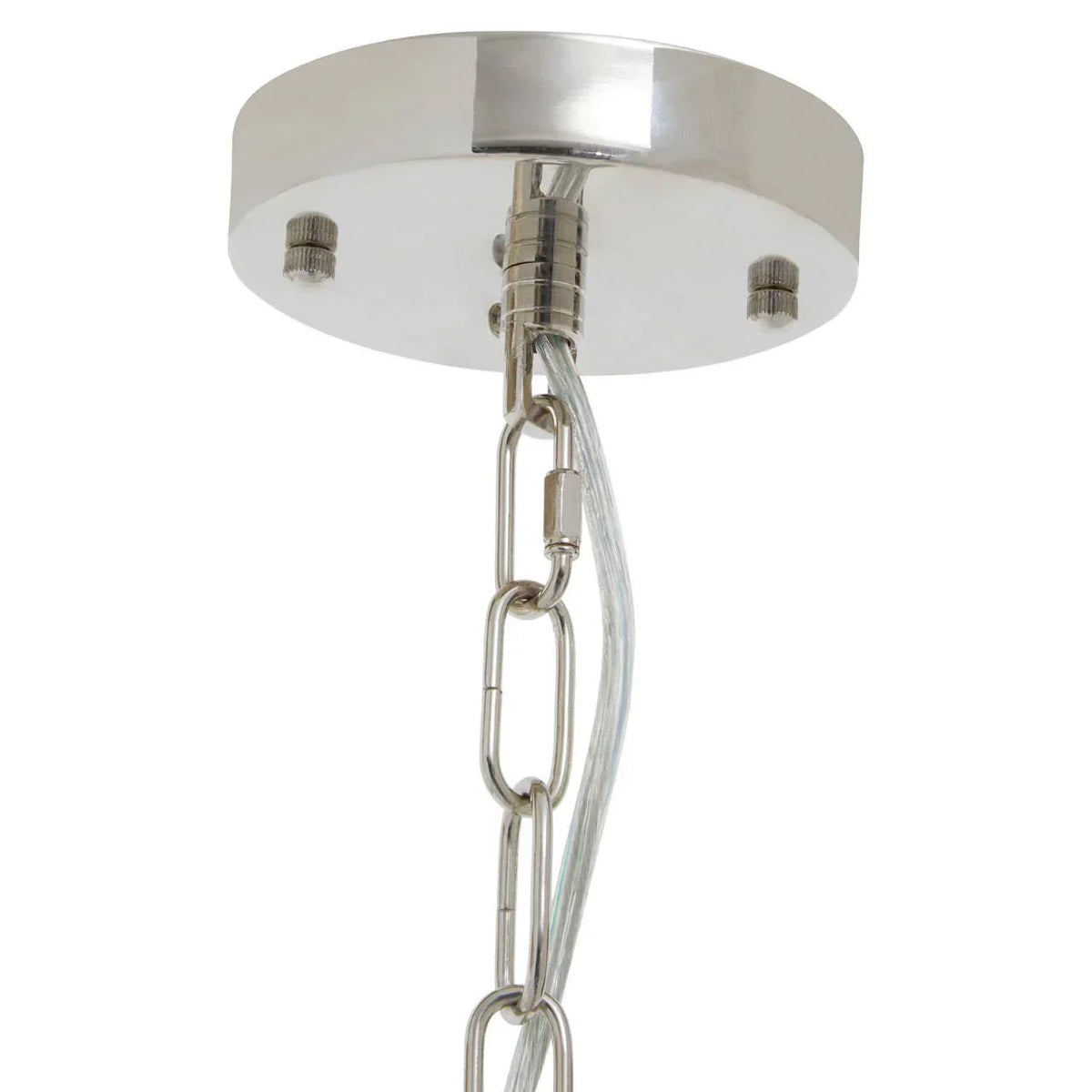 Chrome ceiling light fitting with metal chain and visible electrical cable