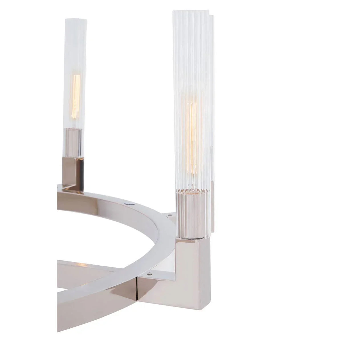Chrome finish chandelier frame with two vertical ribbed glass light tubes