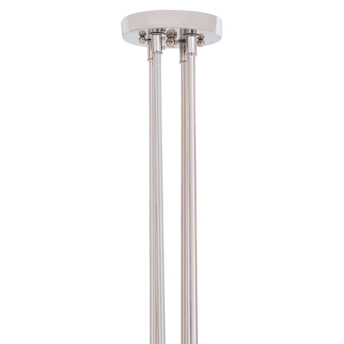Close up of chrome ceiling light fitting with two vertical metal rods