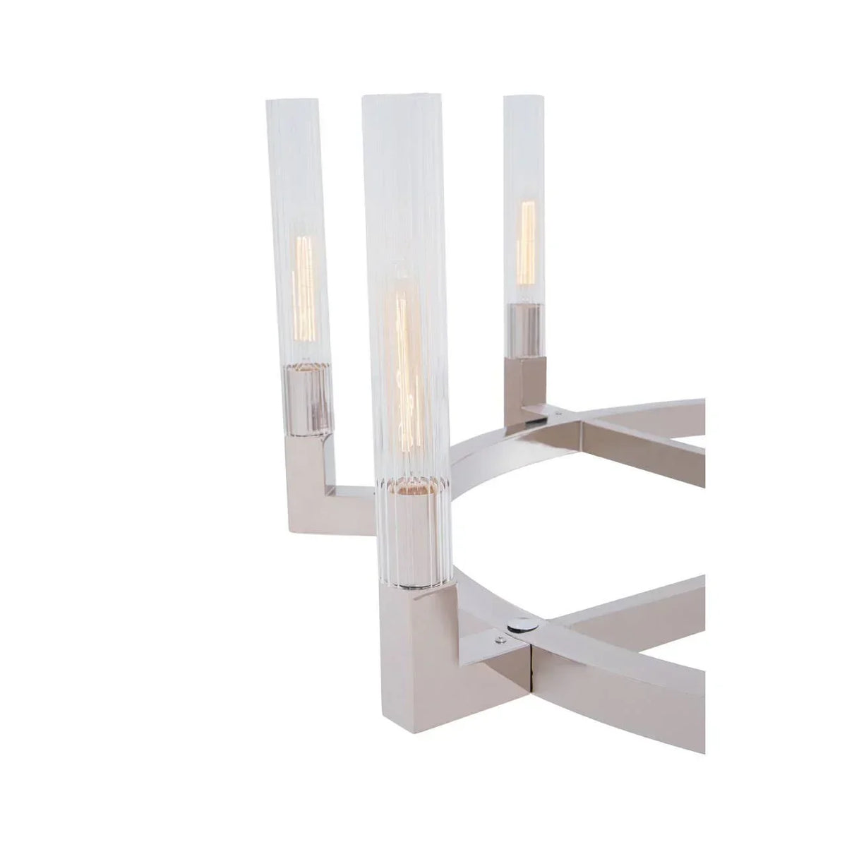Modern chrome chandelier with vertical glass lamp shades and exposed bulbs