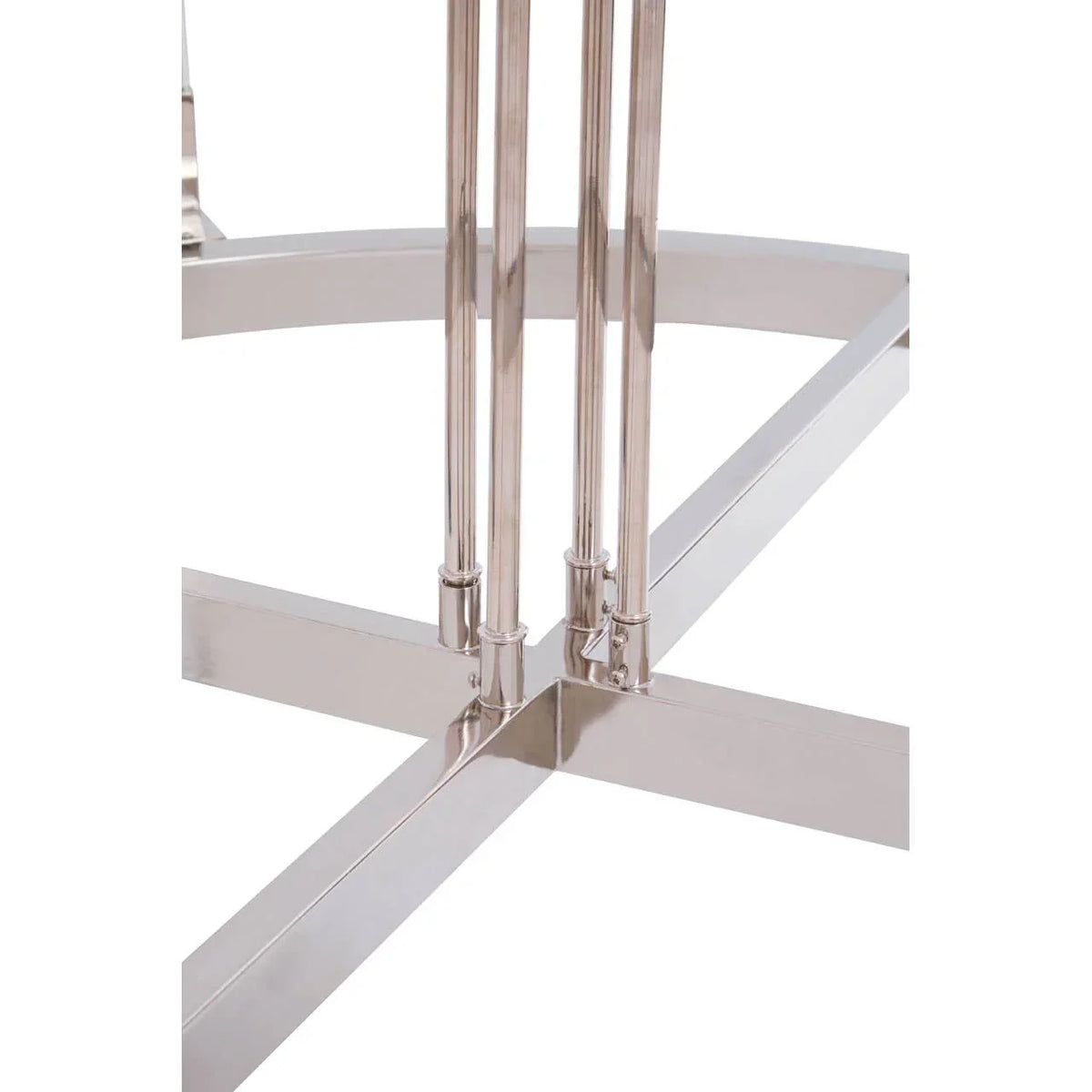 Chrome dining table base with intersecting metal legs and vertical supports