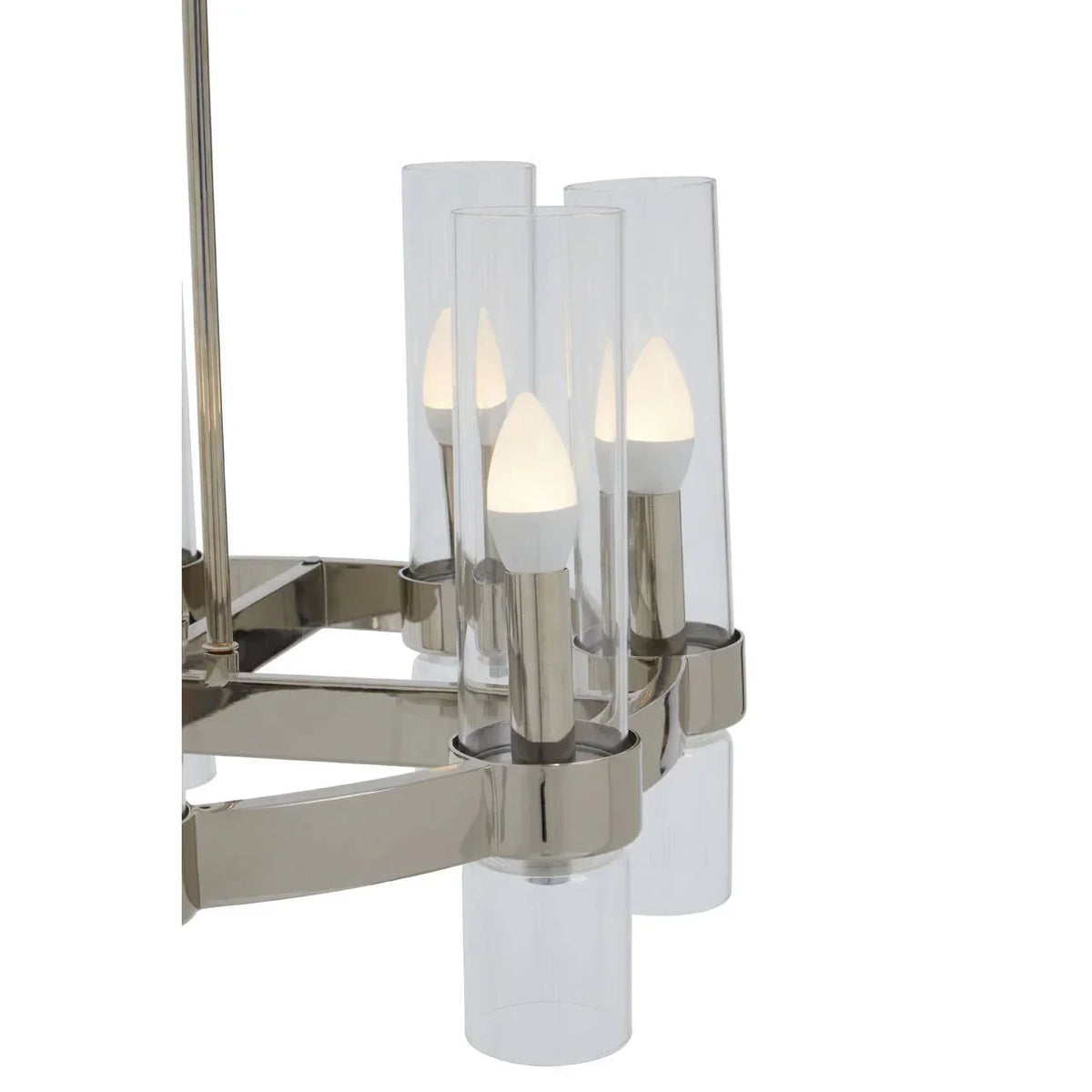 Modern chrome chandelier with cylindrical glass shades and LED candle bulbs