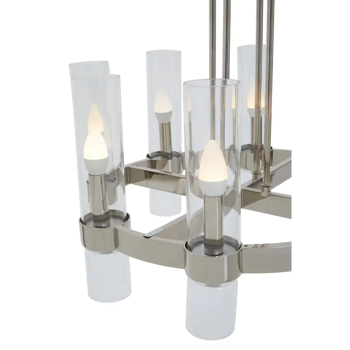 Modern chrome chandelier with cylindrical glass shades and exposed LED bulbs