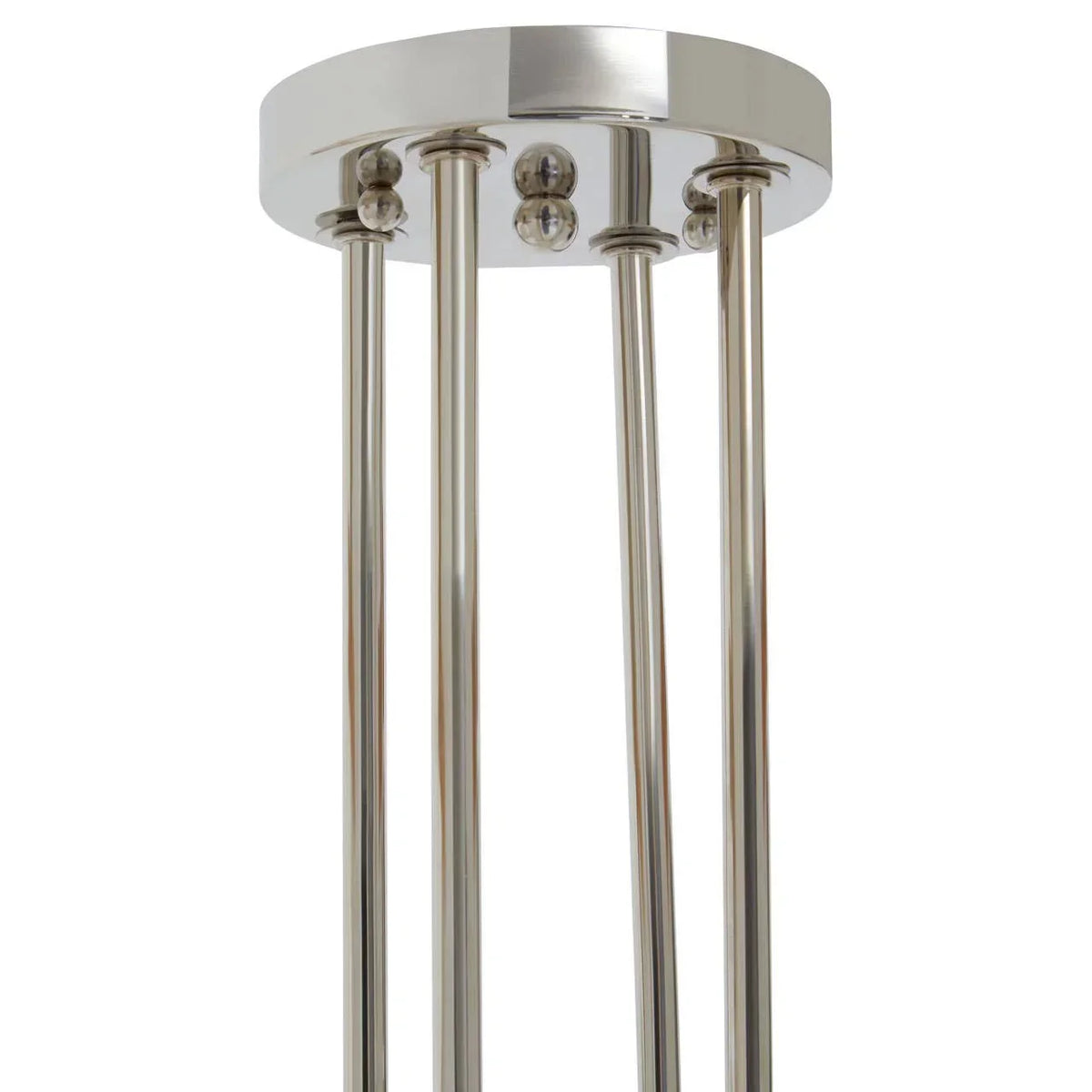 Chrome lamp base with four vertical metal rods and circular top detail
