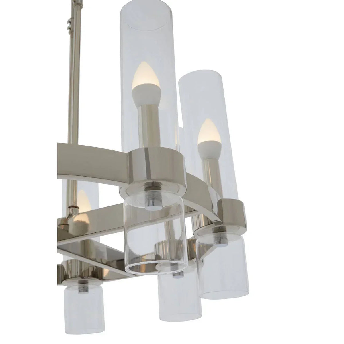Modern chrome chandelier with cylindrical clear glass shades and candle-style bulbs