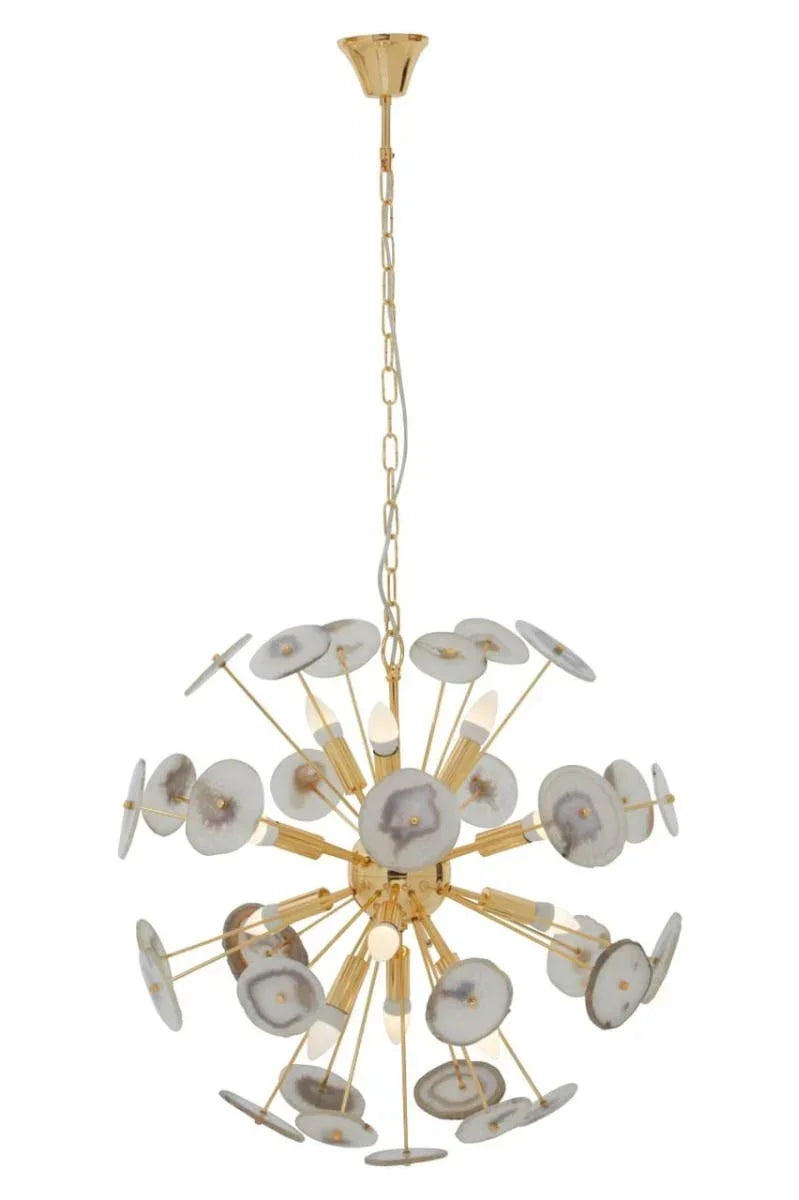 Gold sputnik chandelier with round stone accents and multiple candle-style light bulbs