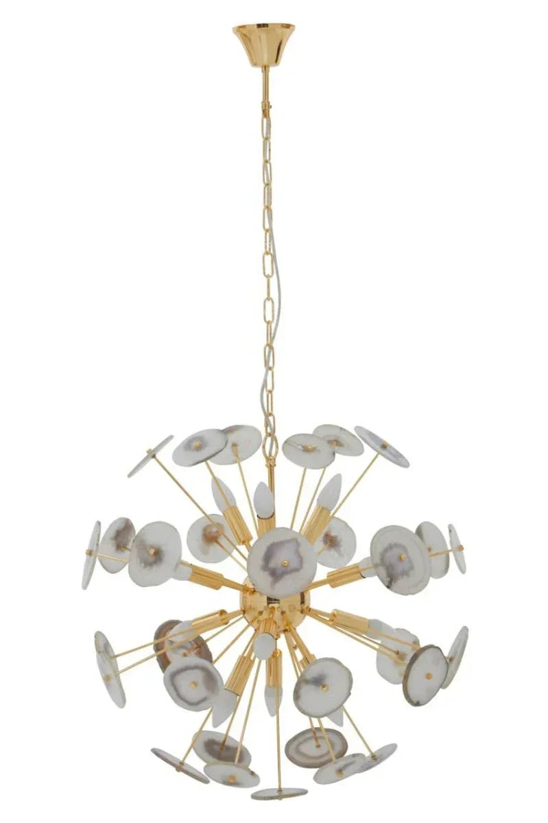 Gold sputnik chandelier with crystal glass discs and multiple arms, modern ceiling light